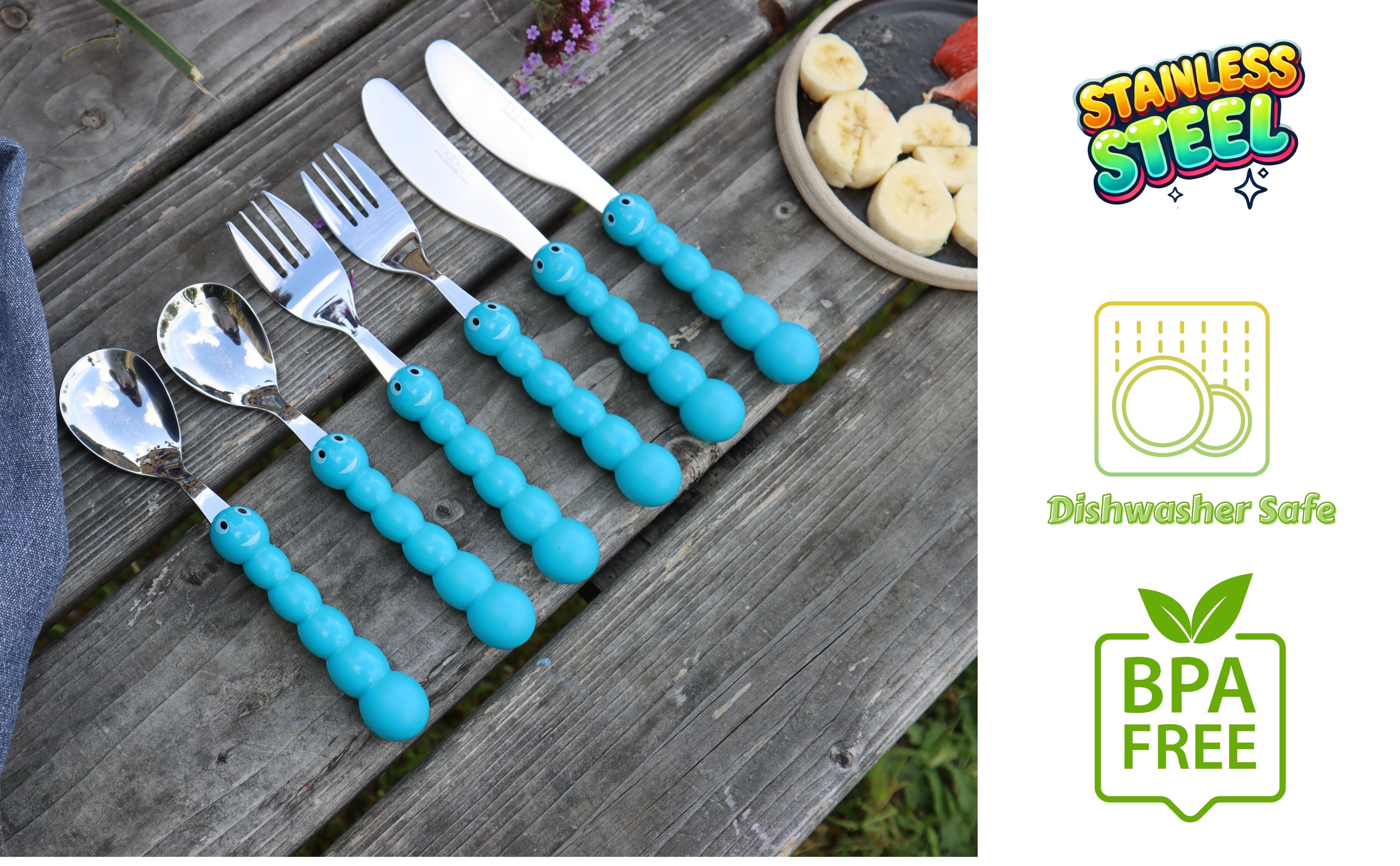 Exzact Children's Cutlery 6pcs Toddler Cutlery - 2 Forks, 2 Safe Dinner Knives, 2 Dinner Spoons