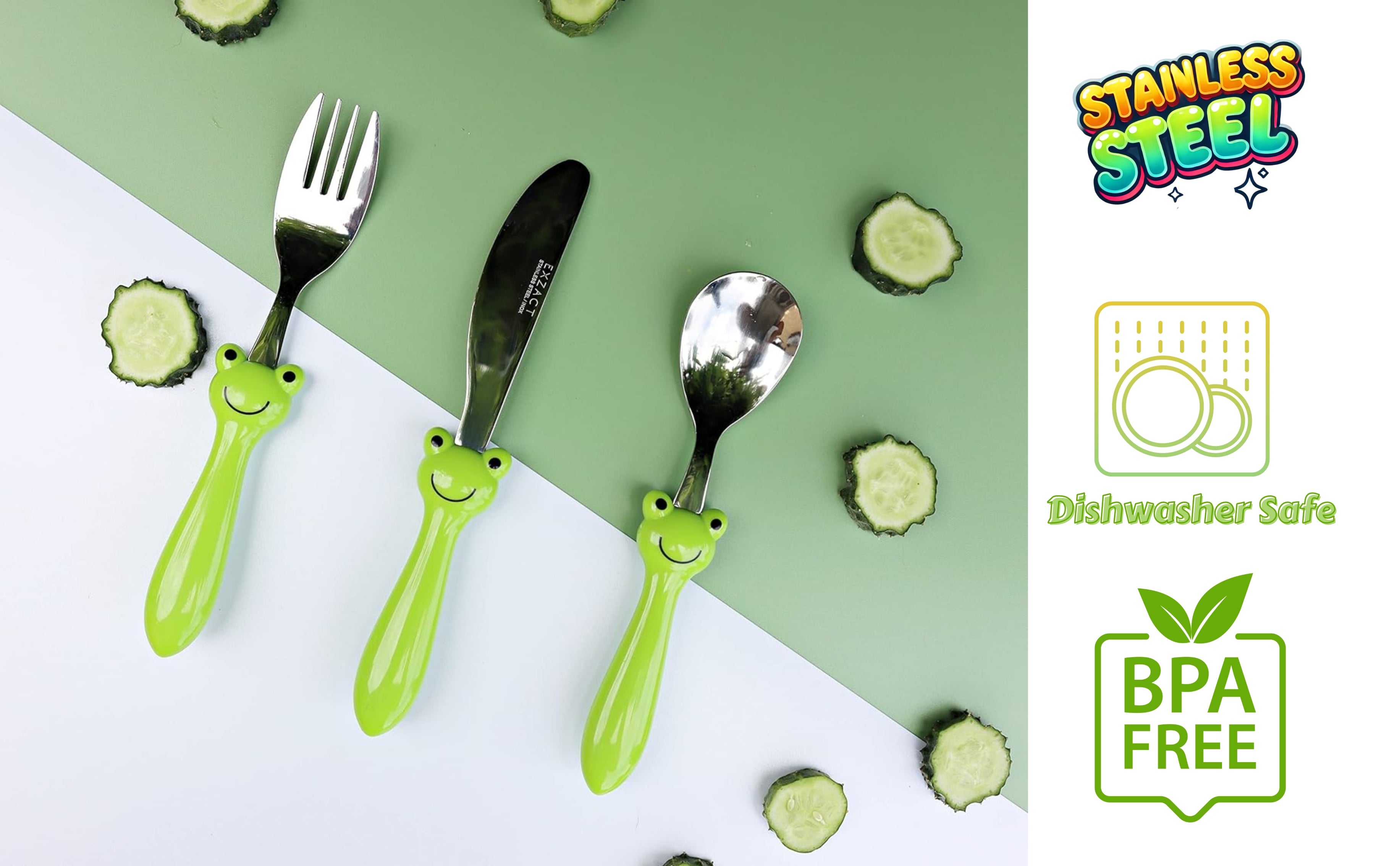 Exzact Children's Cutlery Stainless Steel 6pcs Set/Kids Cutlery (Frog x 6)