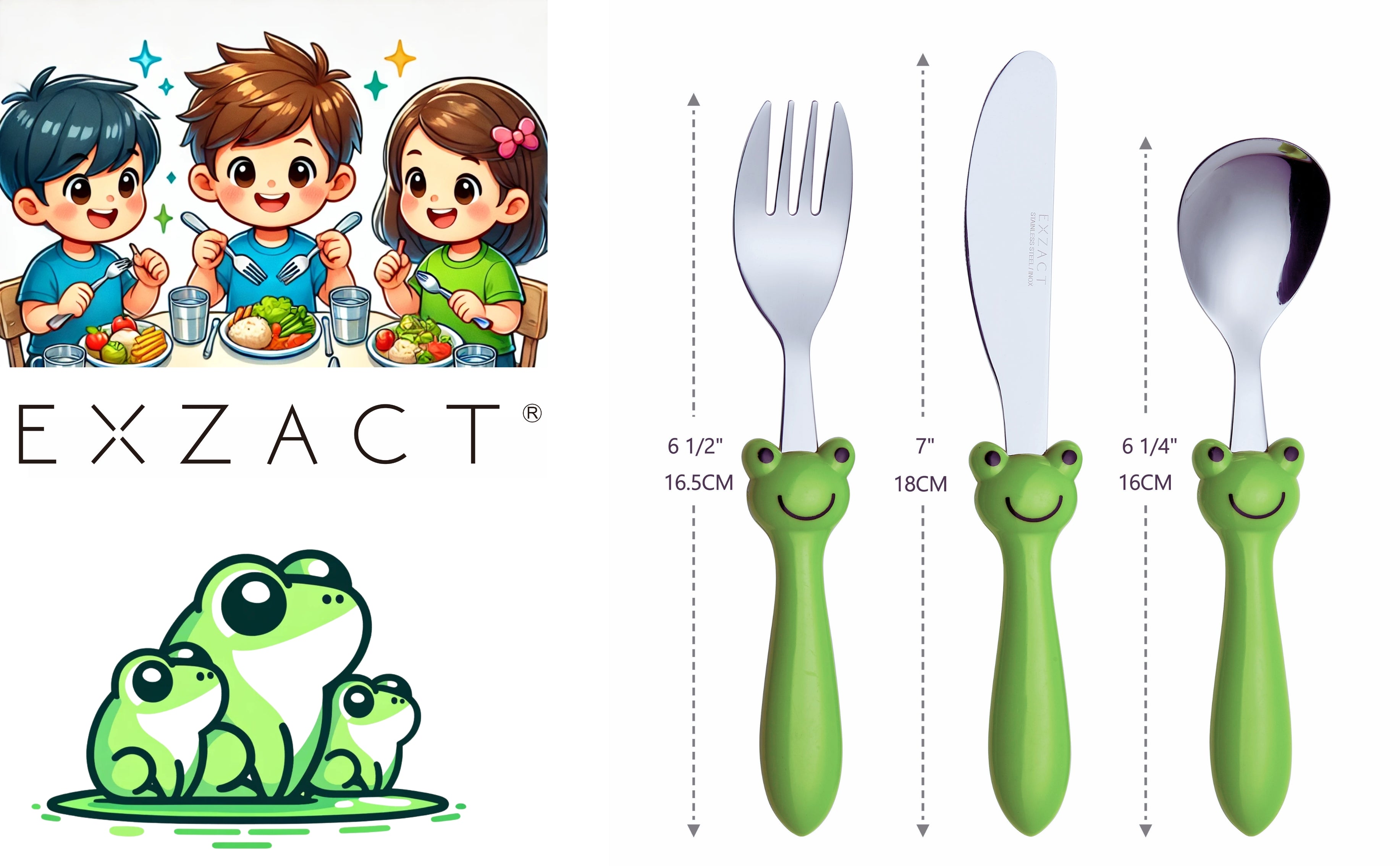 Exzact Children's Cutlery Stainless Steel 6pcs Set/Kids Cutlery (Frog x 6)