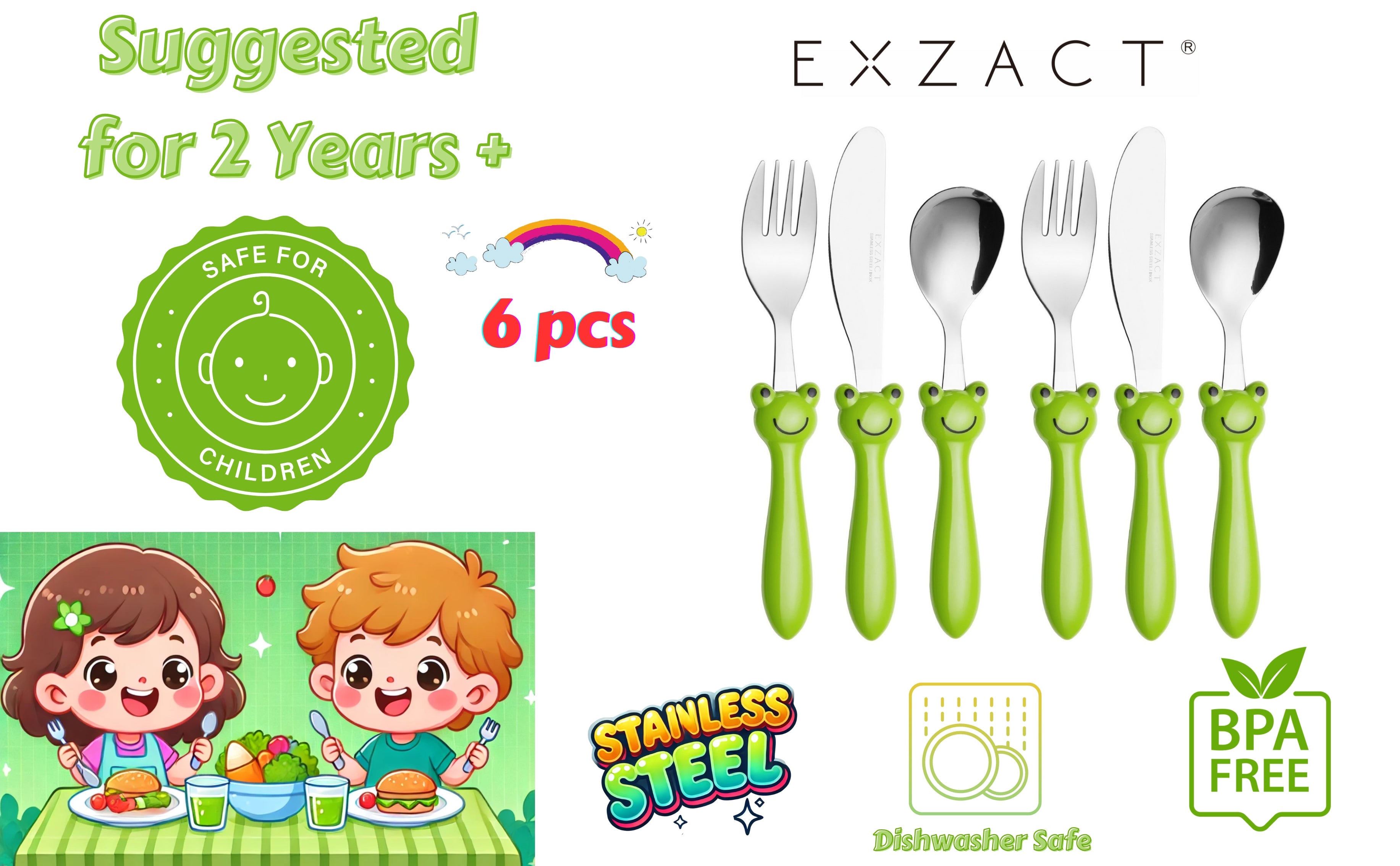 Exzact Children's Cutlery Stainless Steel 6pcs Set/Kids Cutlery (Frog x 6)