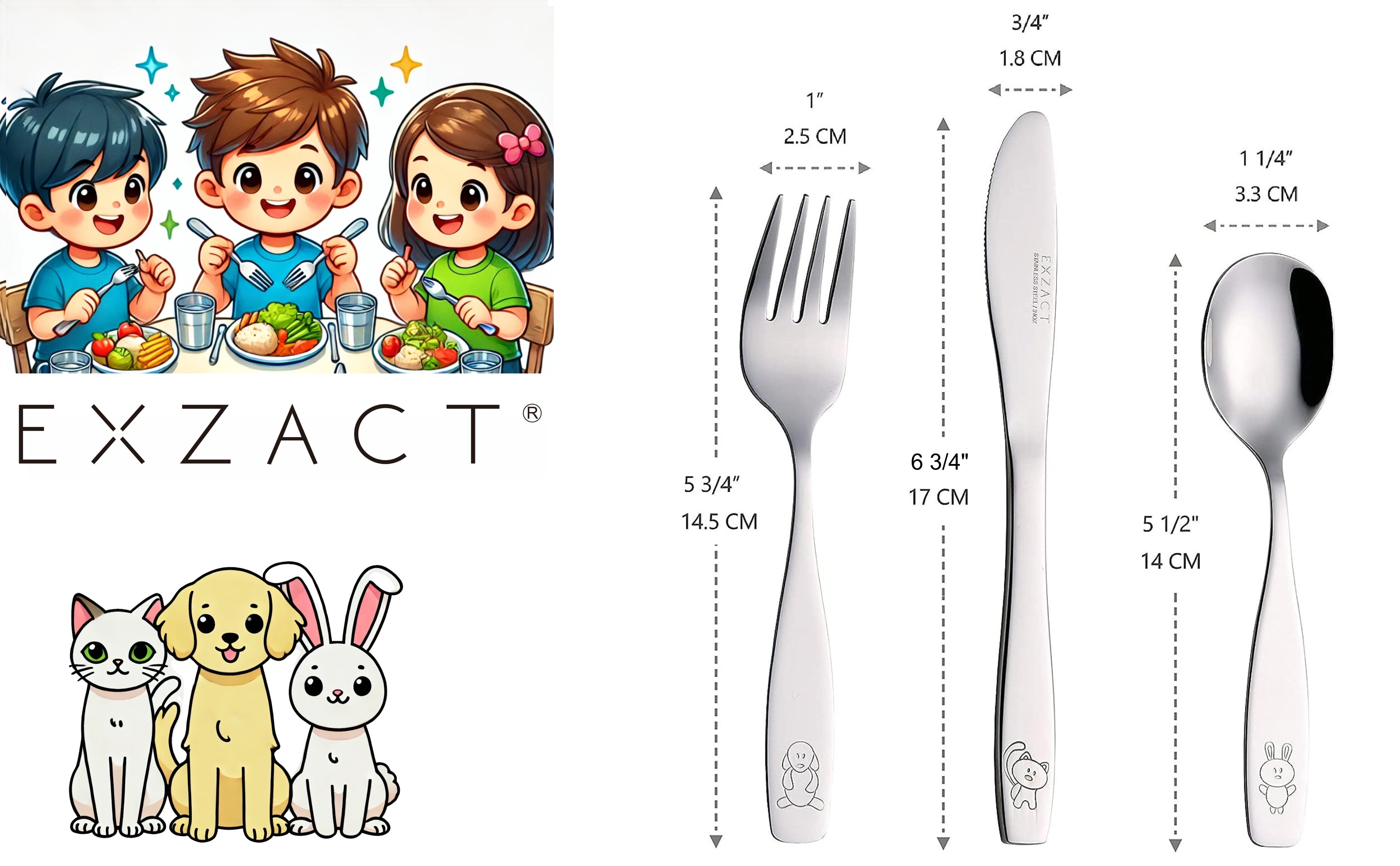 Exzact Children's Cutlery Stainless Steel 6pcs Set - Engraved Dog Cat Bunny Design