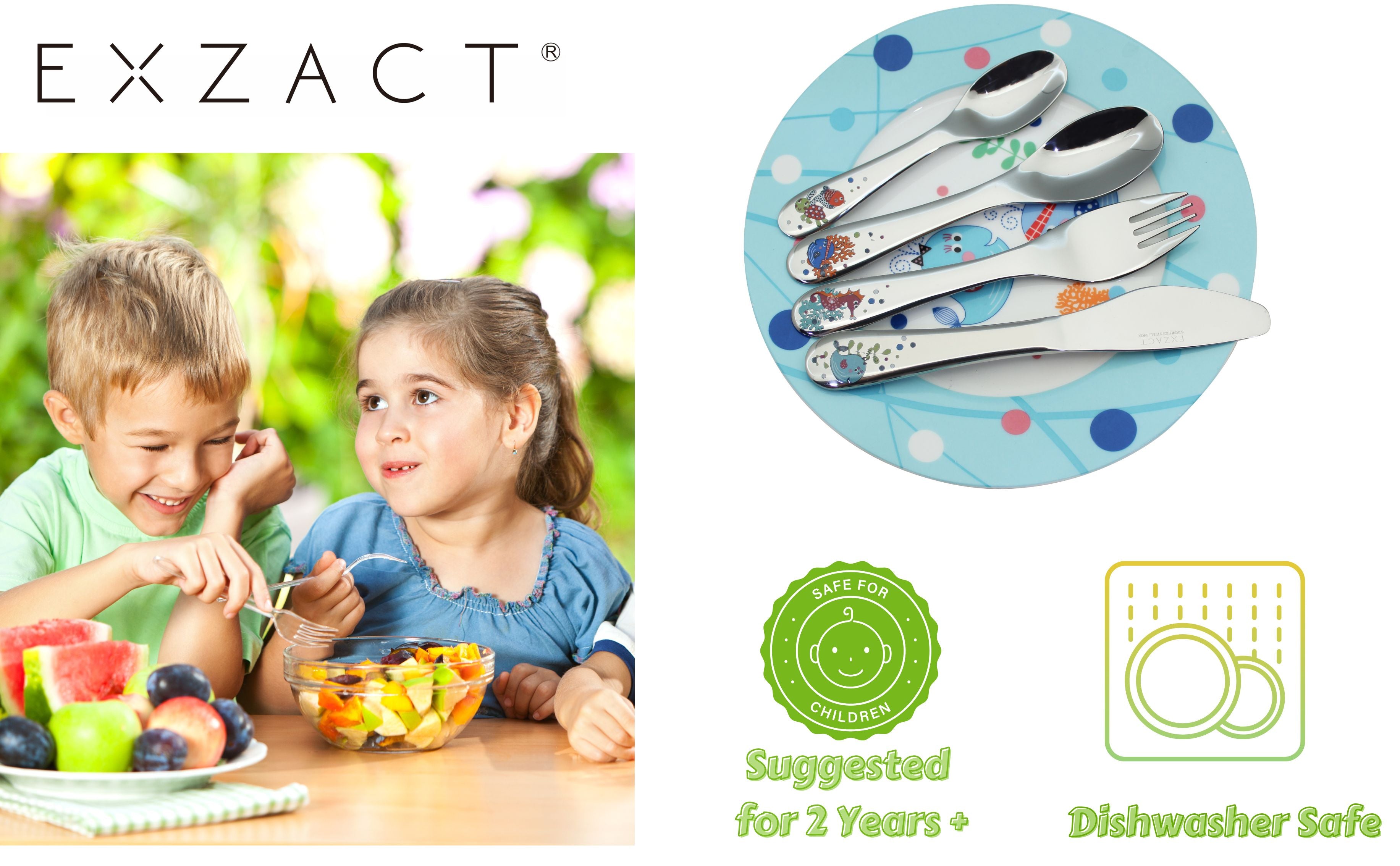 Exzact Children's Cutlery 4pcs Stainless Steel - 1 Fork, 1 Safe Dinner Knife, 1 Dinner Spoon, 1 Dessert Spoon