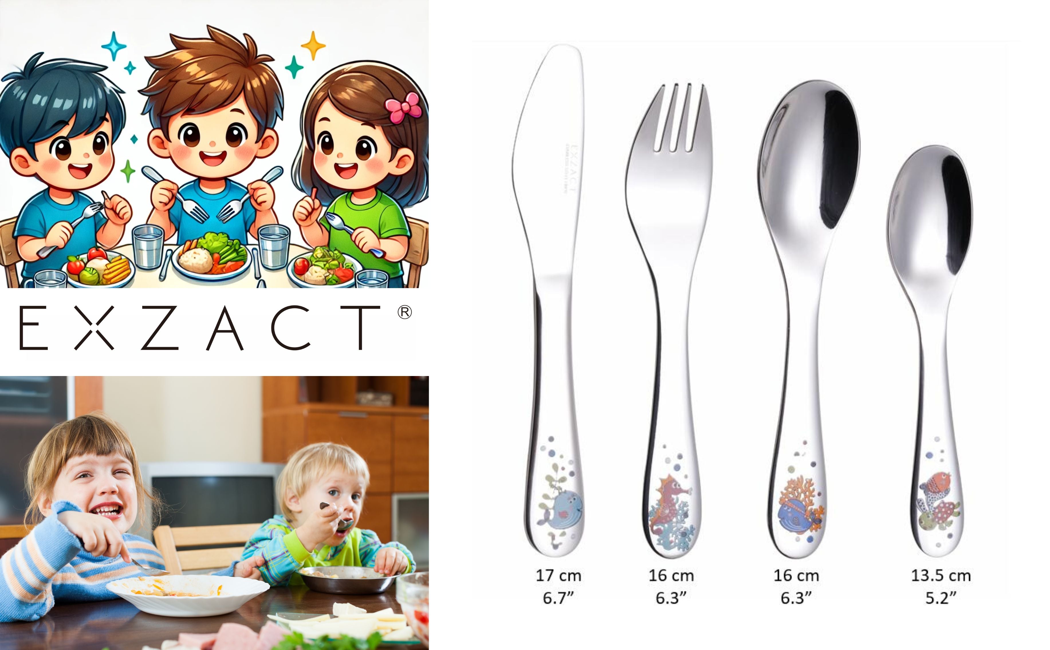 Exzact Children's Cutlery 4pcs Stainless Steel - 1 Fork, 1 Safe Dinner Knife, 1 Dinner Spoon, 1 Dessert Spoon