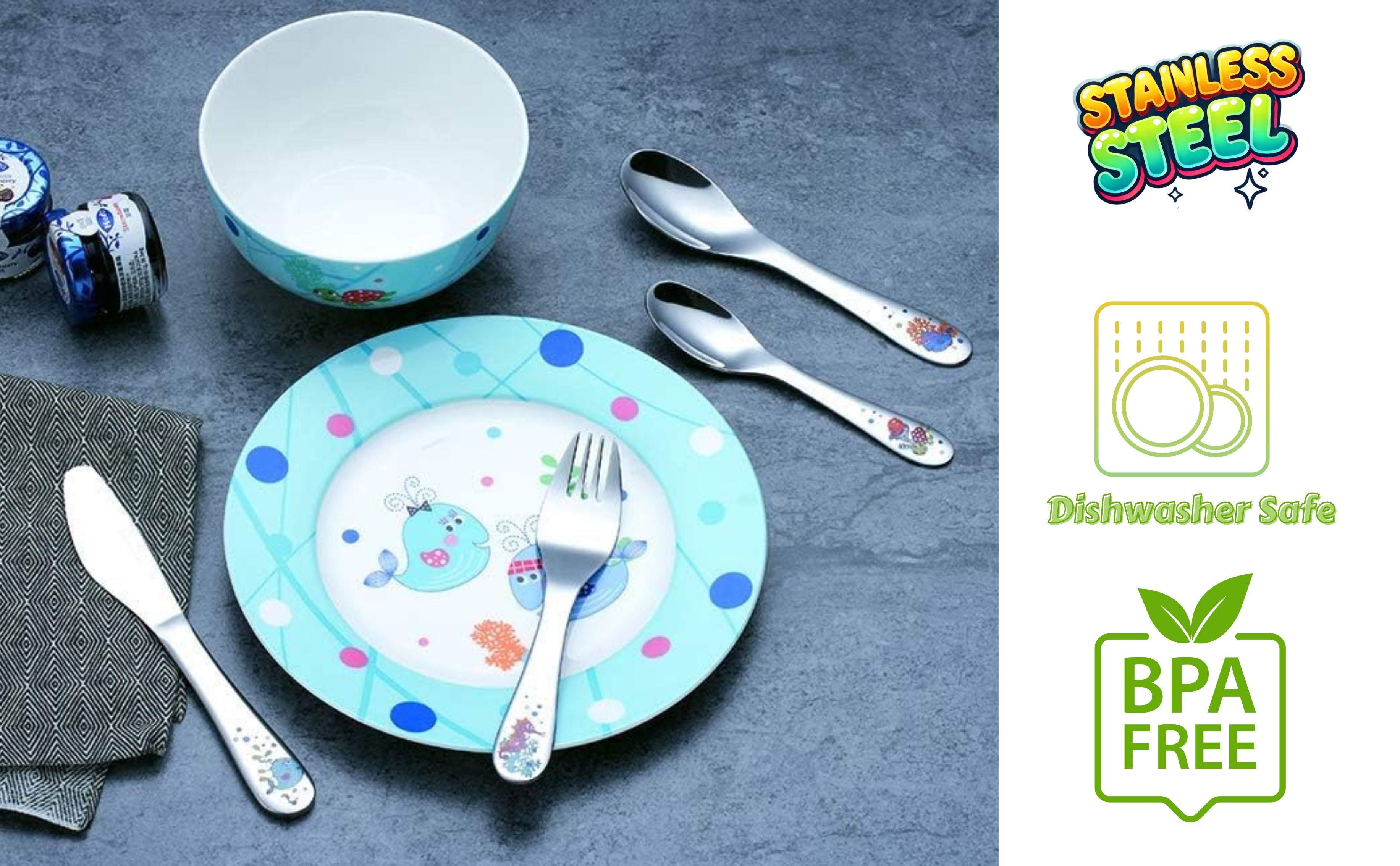 Exzact Children's Cutlery 4pcs Stainless Steel - 1 Fork, 1 Safe Dinner Knife, 1 Dinner Spoon, 1 Dessert Spoon