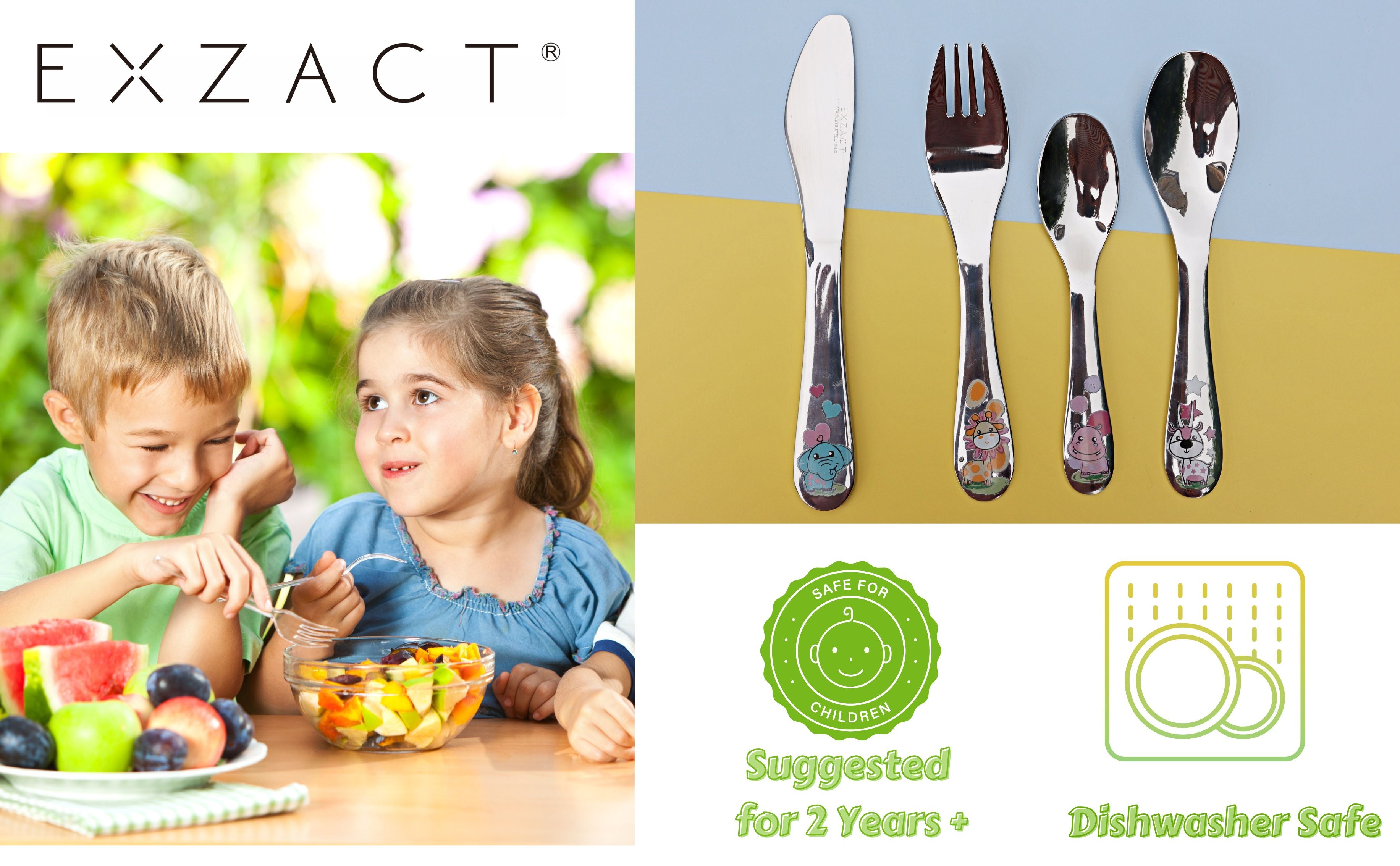 Exzact Children's Cutlery 4pcs Stainless Steel - 1 Fork, 1 Safe Dinner Knife, 1 Dinner Spoon, 1 Dessert Spoon