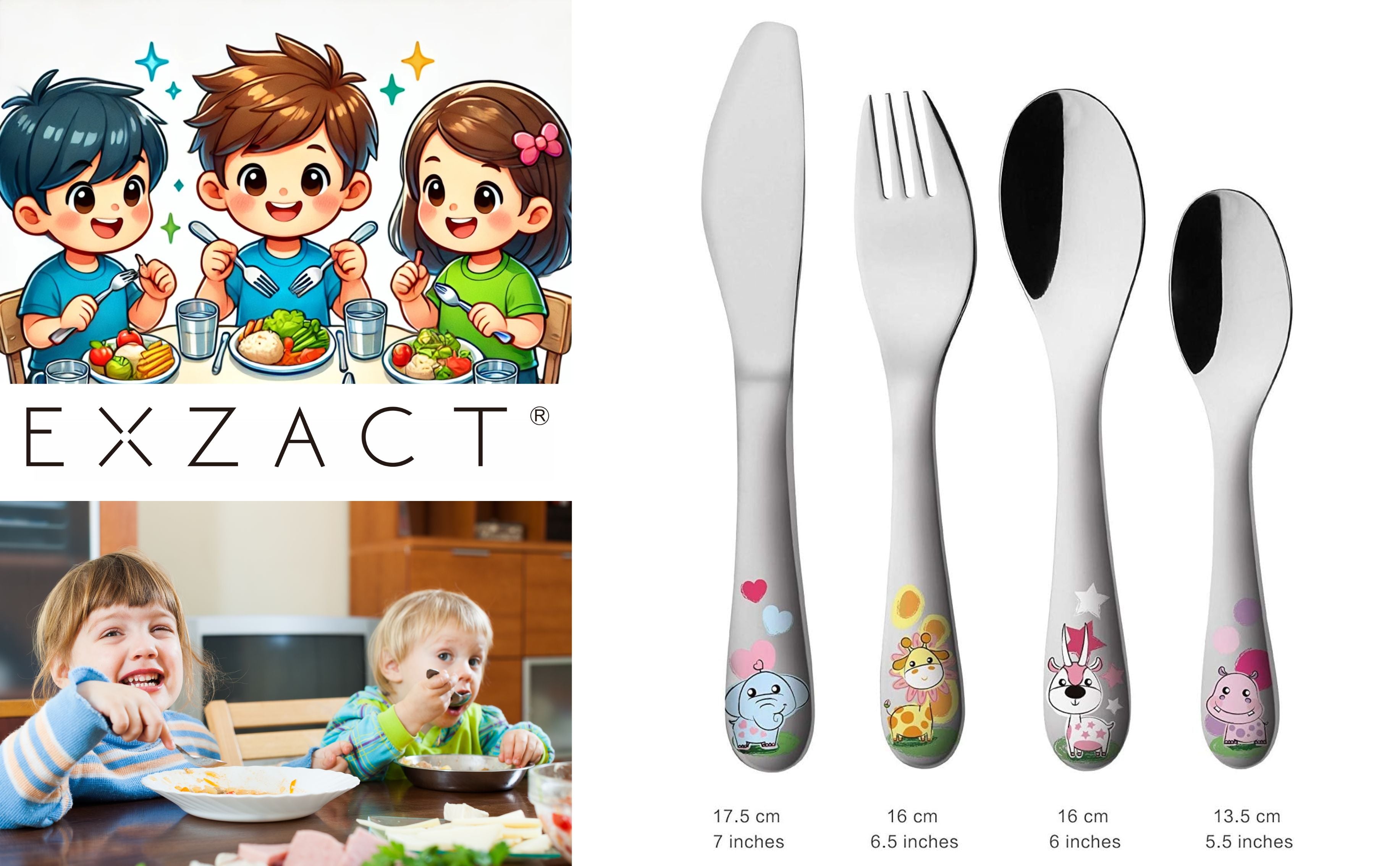 Exzact Children's Cutlery 4pcs Stainless Steel - 1 Fork, 1 Safe Dinner Knife, 1 Dinner Spoon, 1 Dessert Spoon