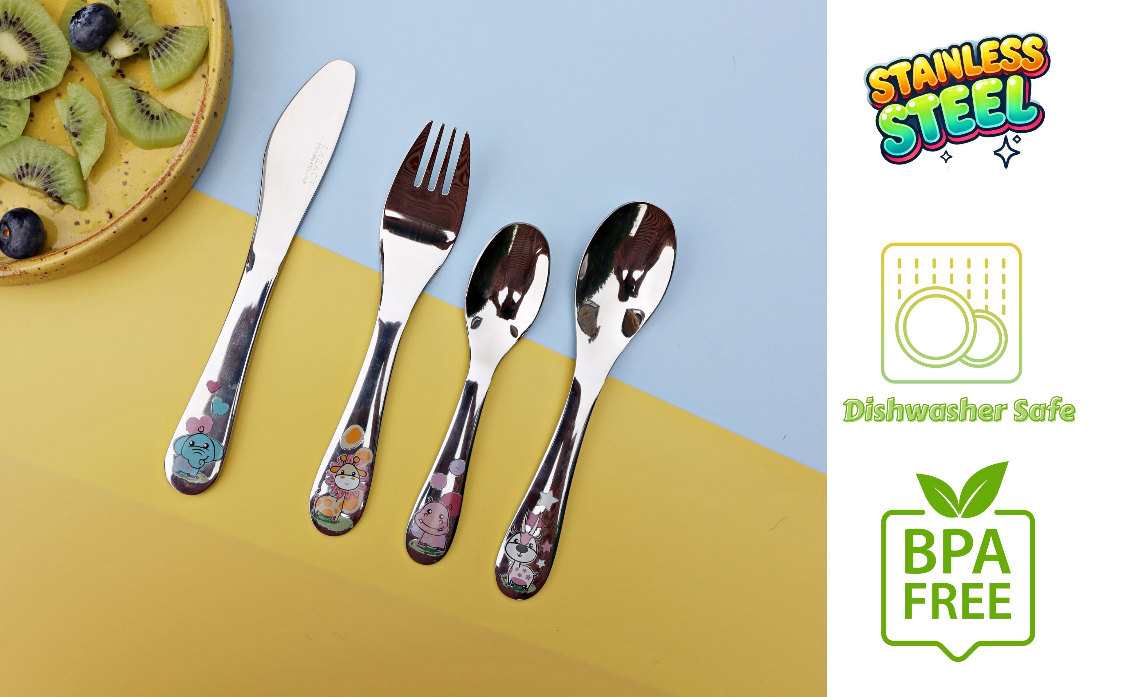Exzact Children's Cutlery 4pcs Stainless Steel - 1 Fork, 1 Safe Dinner Knife, 1 Dinner Spoon, 1 Dessert Spoon