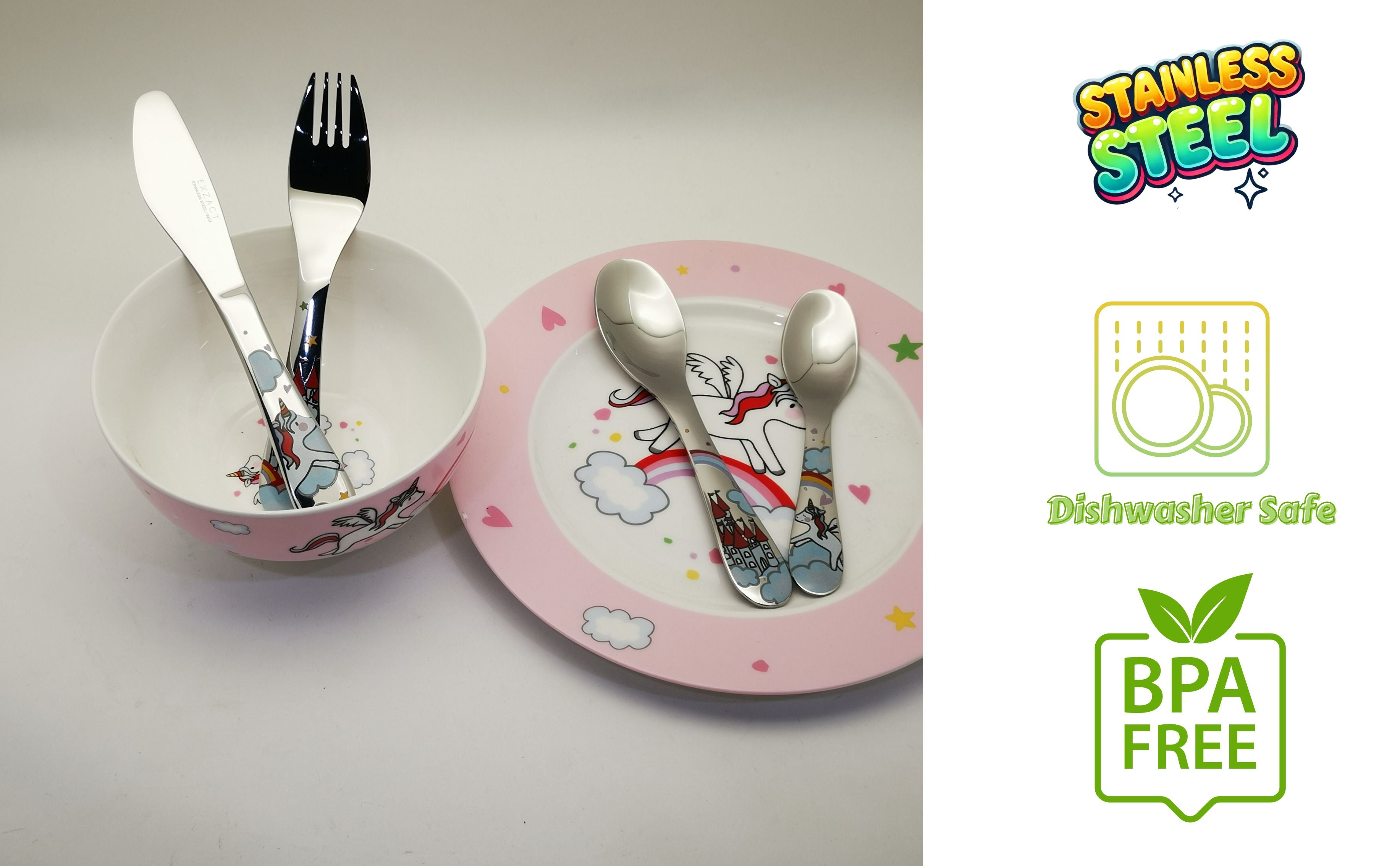 Exzact Children's Cutlery 4pcs Stainless Steel - 1 Fork, 1 Safe Dinner Knife, 1 Dinner Spoon, 1 Dessert Spoon