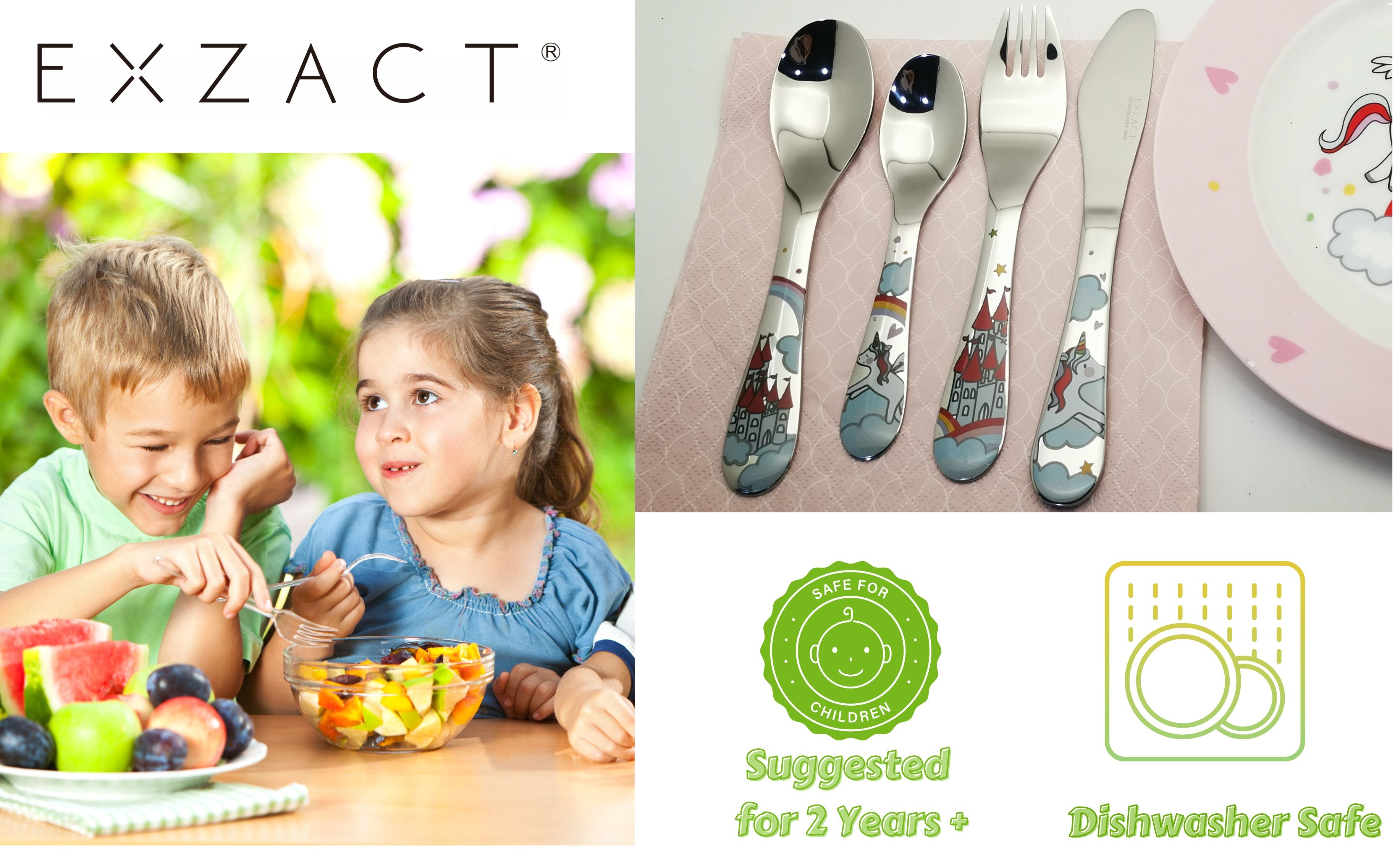 Exzact Children's Cutlery 4pcs Stainless Steel - 1 Fork, 1 Safe Dinner Knife, 1 Dinner Spoon, 1 Dessert Spoon