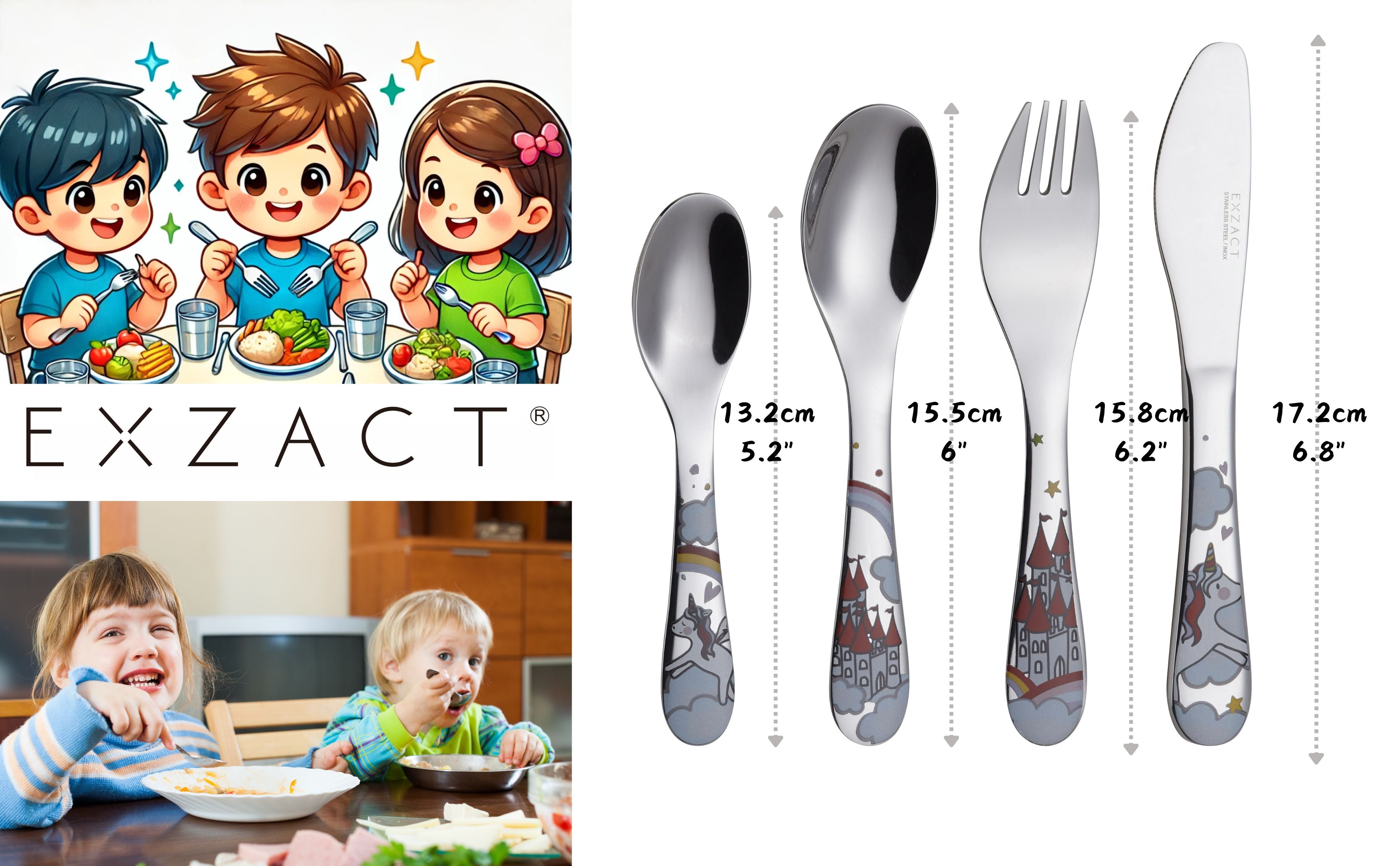 Exzact Children's Cutlery 4pcs Stainless Steel - 1 Fork, 1 Safe Dinner Knife, 1 Dinner Spoon, 1 Dessert Spoon