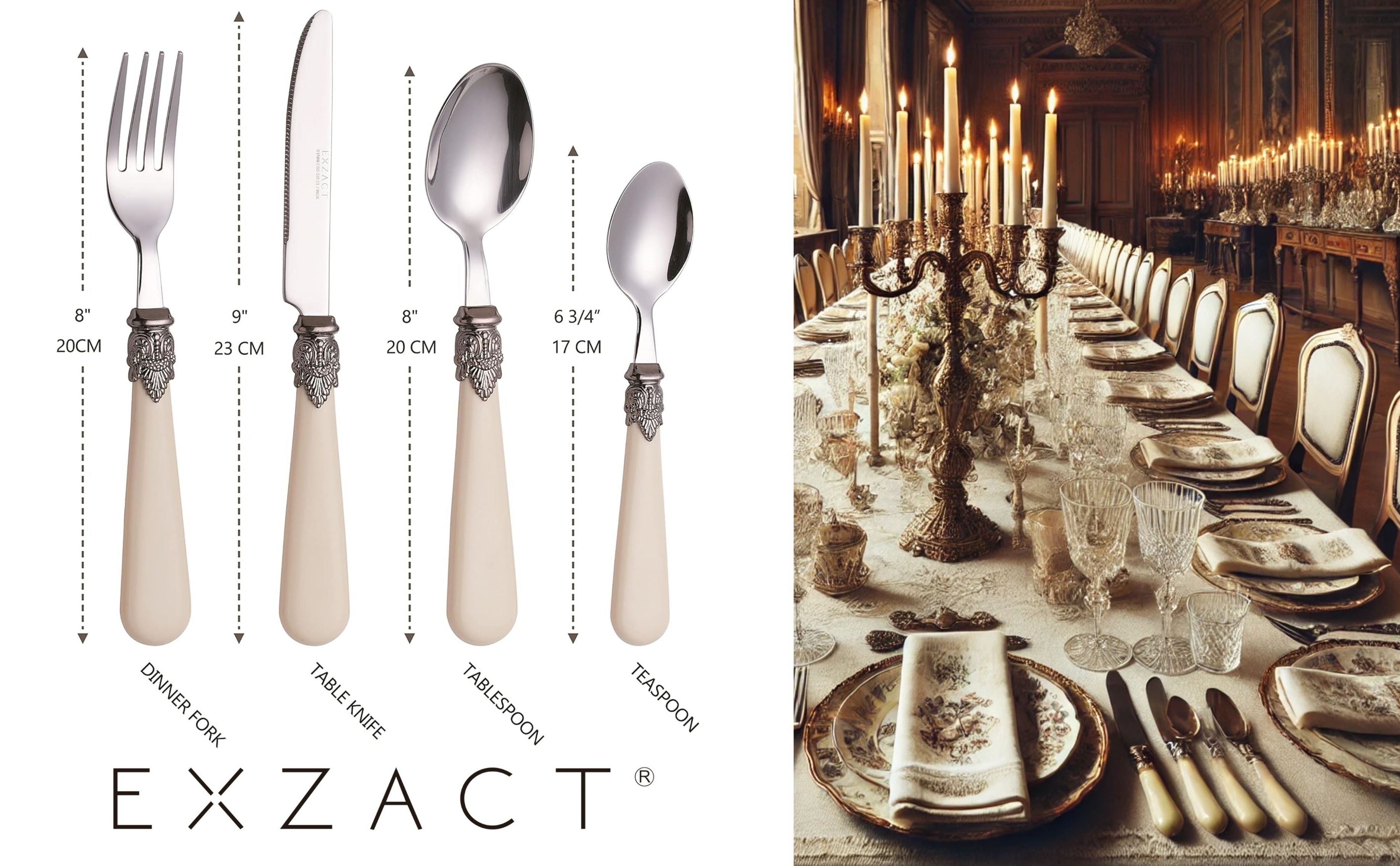 Exzact Cutlery Set Stainless Steel, Vintage Style Antique Cream Handles