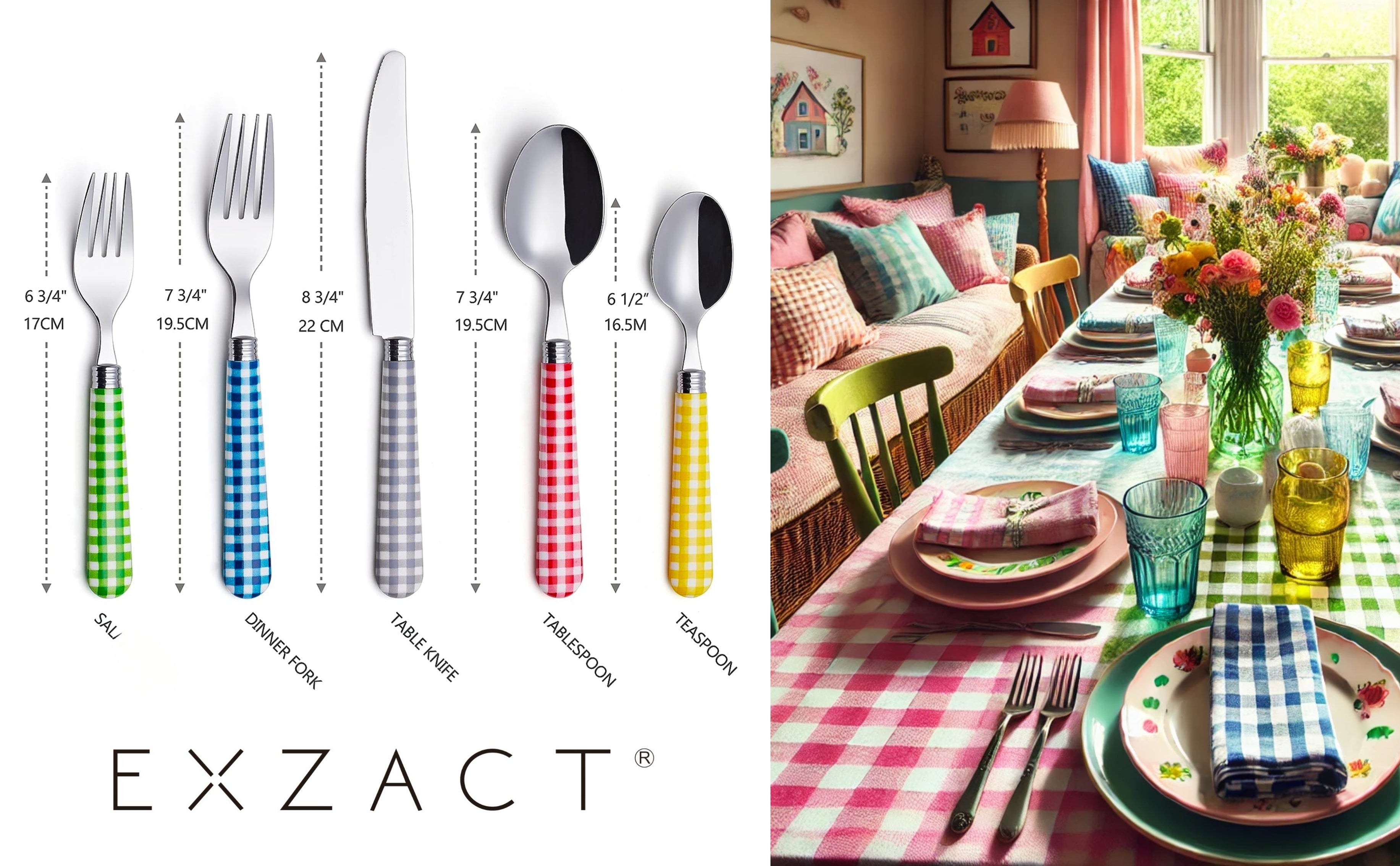 Exzact Cutlery Set 20pcs Stainless Steel - Gingham Coloured Handles