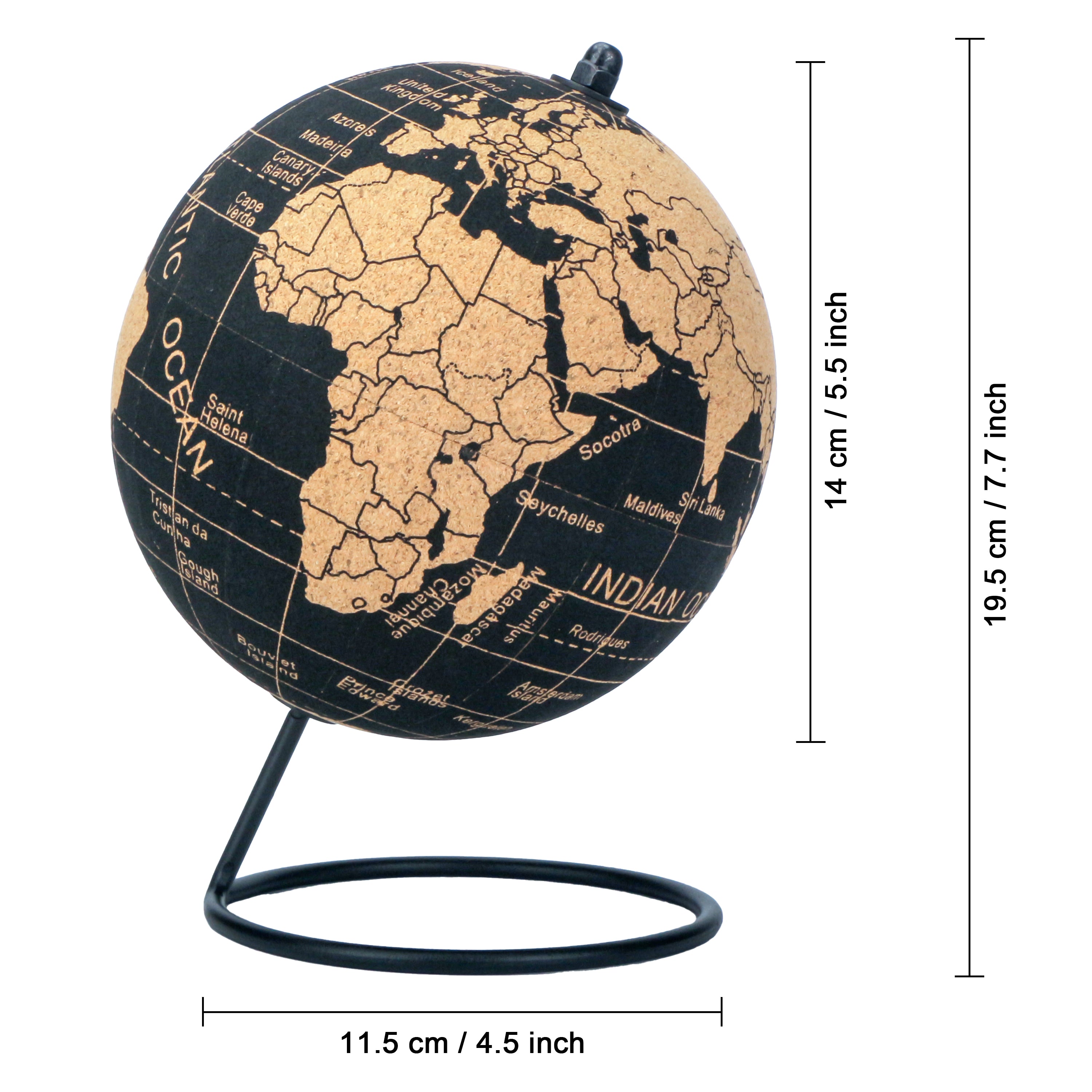 Exerz Cork Globe 14cm Pinnable, English Map, Pins Included, Natural Cork Black