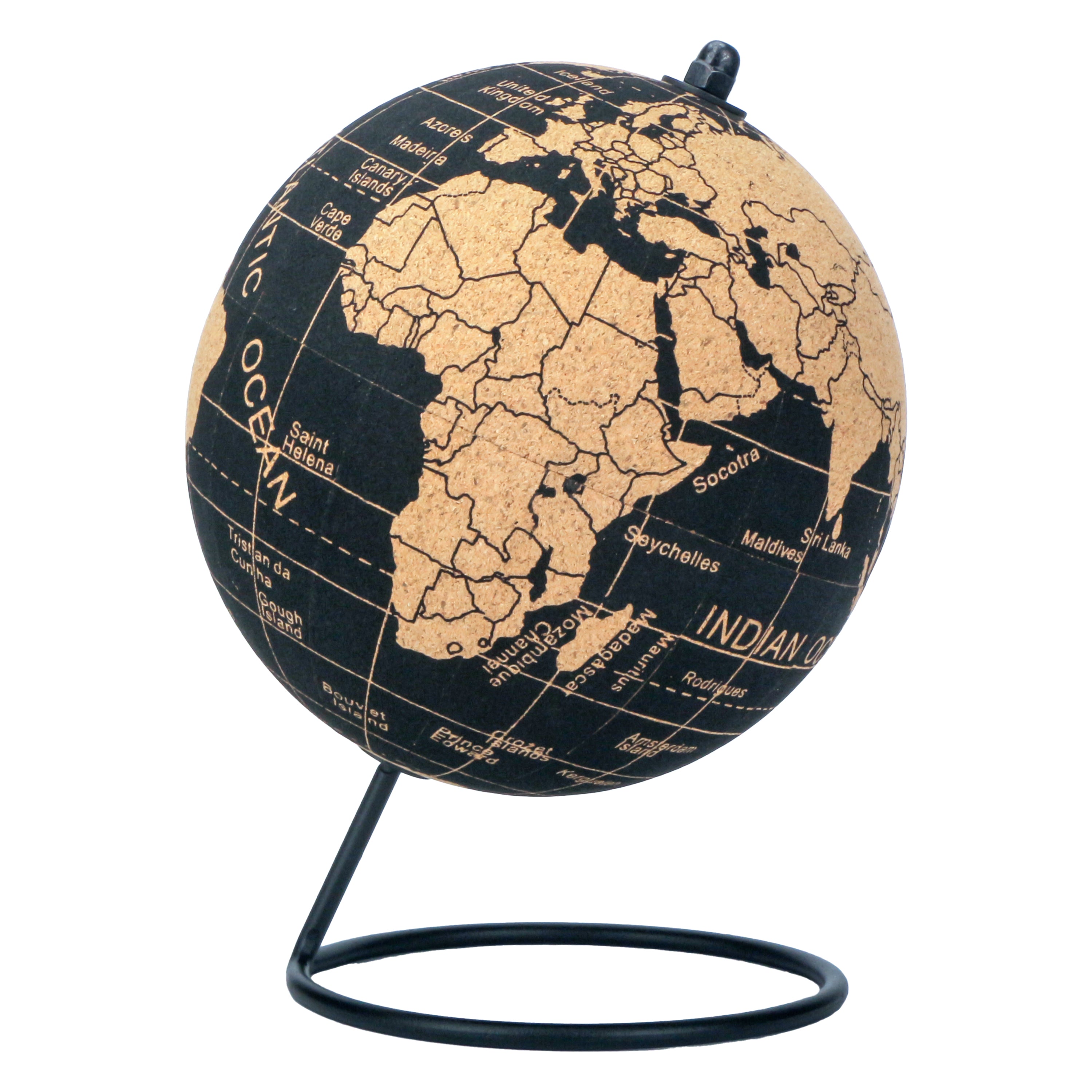 Exerz Cork Globe 14cm Pinnable, English Map, Pins Included, Natural Cork Black
