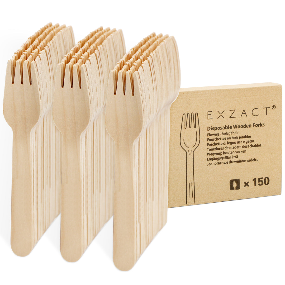EXZACT Wooden Forks 150pcs - Disposable Party Forks x 150, Camping, Travel and BBQ