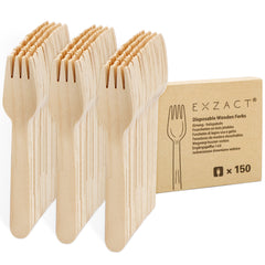 EXZACT Wooden Forks 150pcs - Disposable Party Forks x 150, Camping, Travel and BBQ