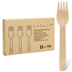 EXZACT Wooden Forks 150pcs - Disposable Party Forks x 150, Camping, Travel and BBQ