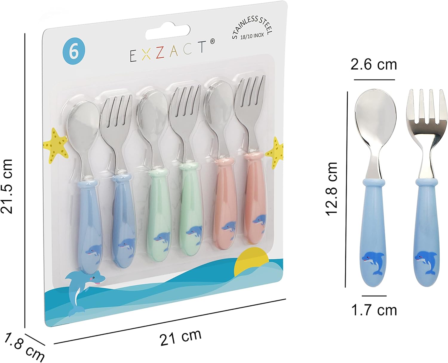EXZACT Kids Cutlery 6pcs Stainless Steel 18/10 - Children's Cutlery Toddler 3 x Forks, 3 x Spoons