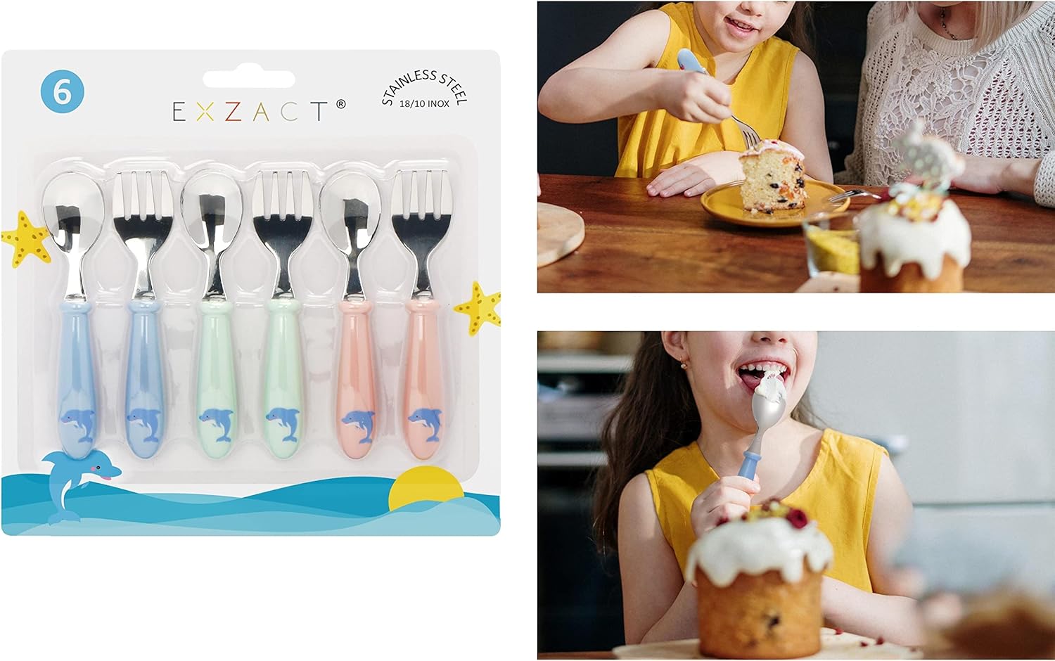 EXZACT Kids Cutlery 6pcs Stainless Steel 18/10 - Children's Cutlery Toddler 3 x Forks, 3 x Spoons