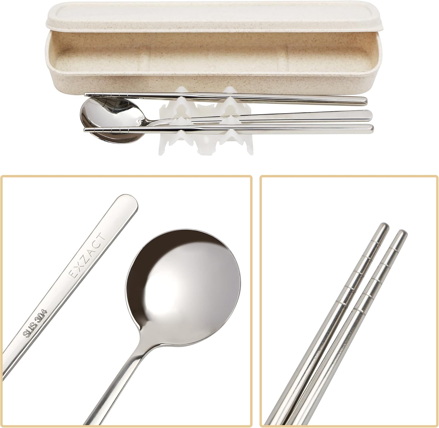 Exzact Chopsticks and Spoon Set in a Case, 18/10 Stainless Steel Cutlery, Durable, Reusable