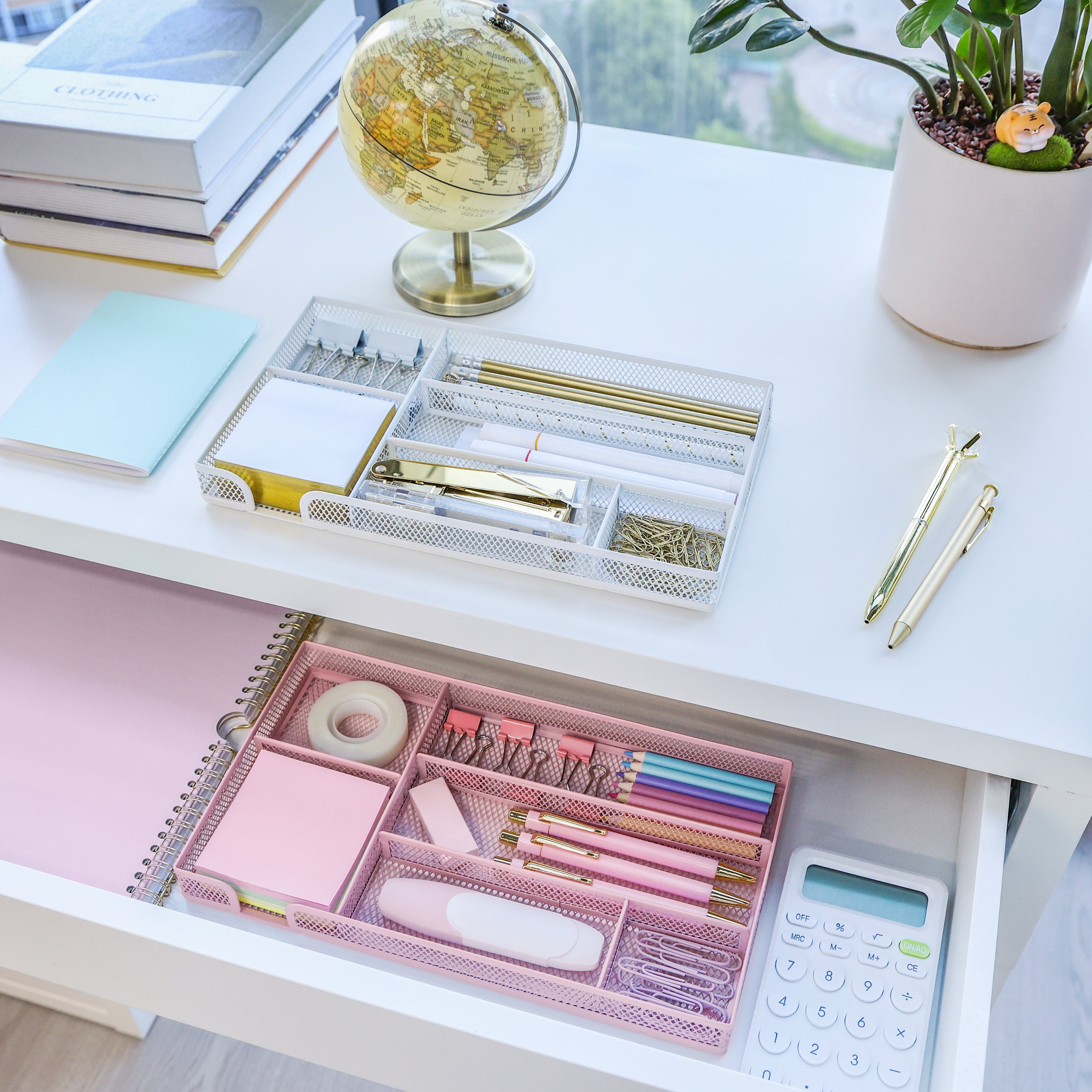 EXERZ Mesh Organiser Tray – Metal Desk Drawer Insert with 9 Compartments (White)