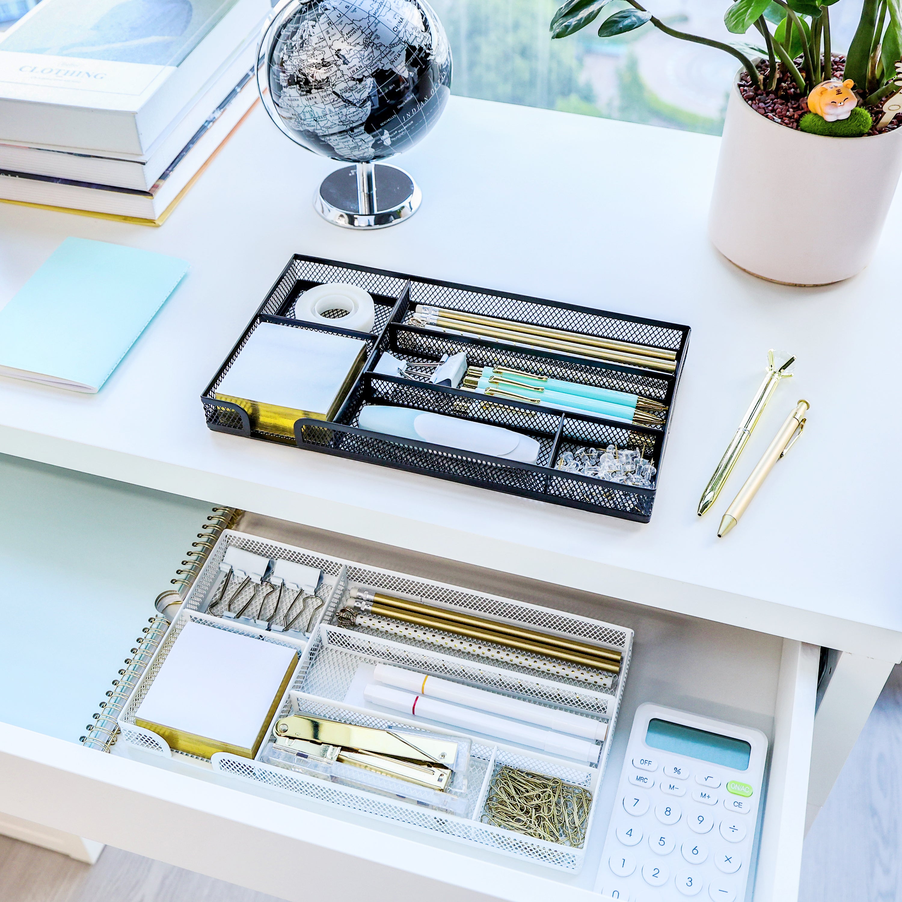 EXERZ Mesh Organiser Tray – Metal Desk Drawer Insert with 9 Compartments (Black)