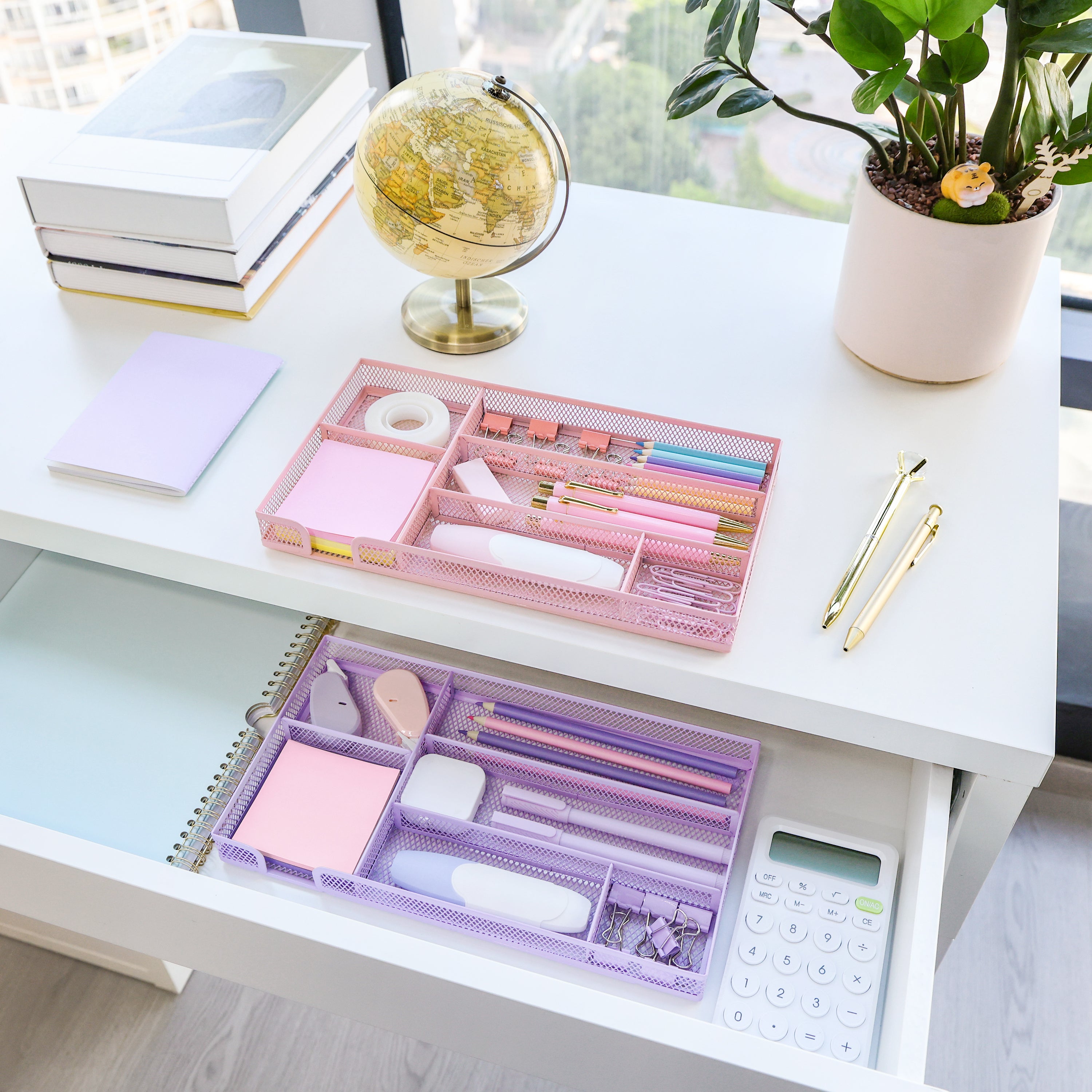 EXERZ Mesh Organiser Tray – Metal Desk Drawer Insert with 9 Compartments (Light Purple)