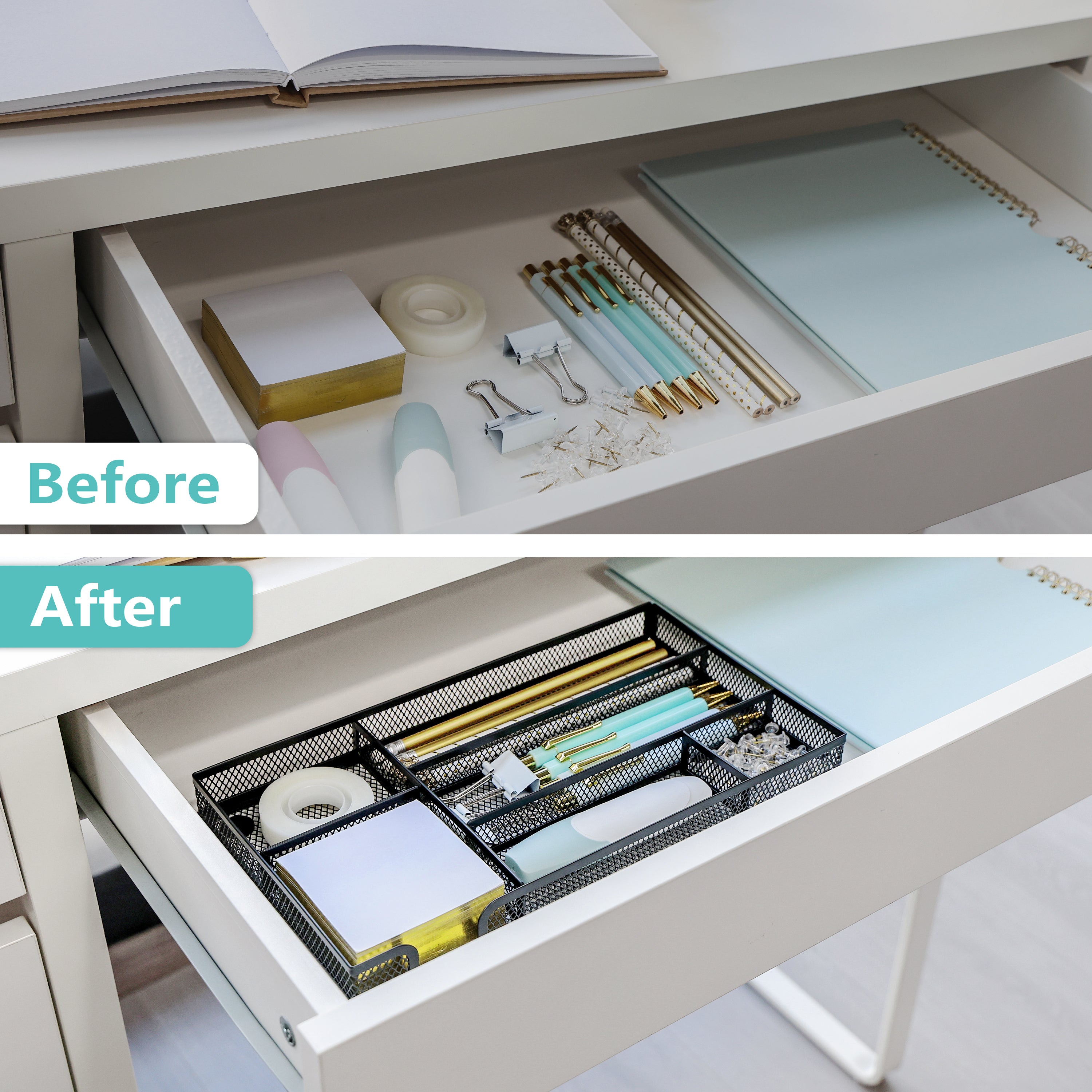 EXERZ Mesh Organiser Tray – Metal Desk Drawer Insert with 9 Compartments (Black)