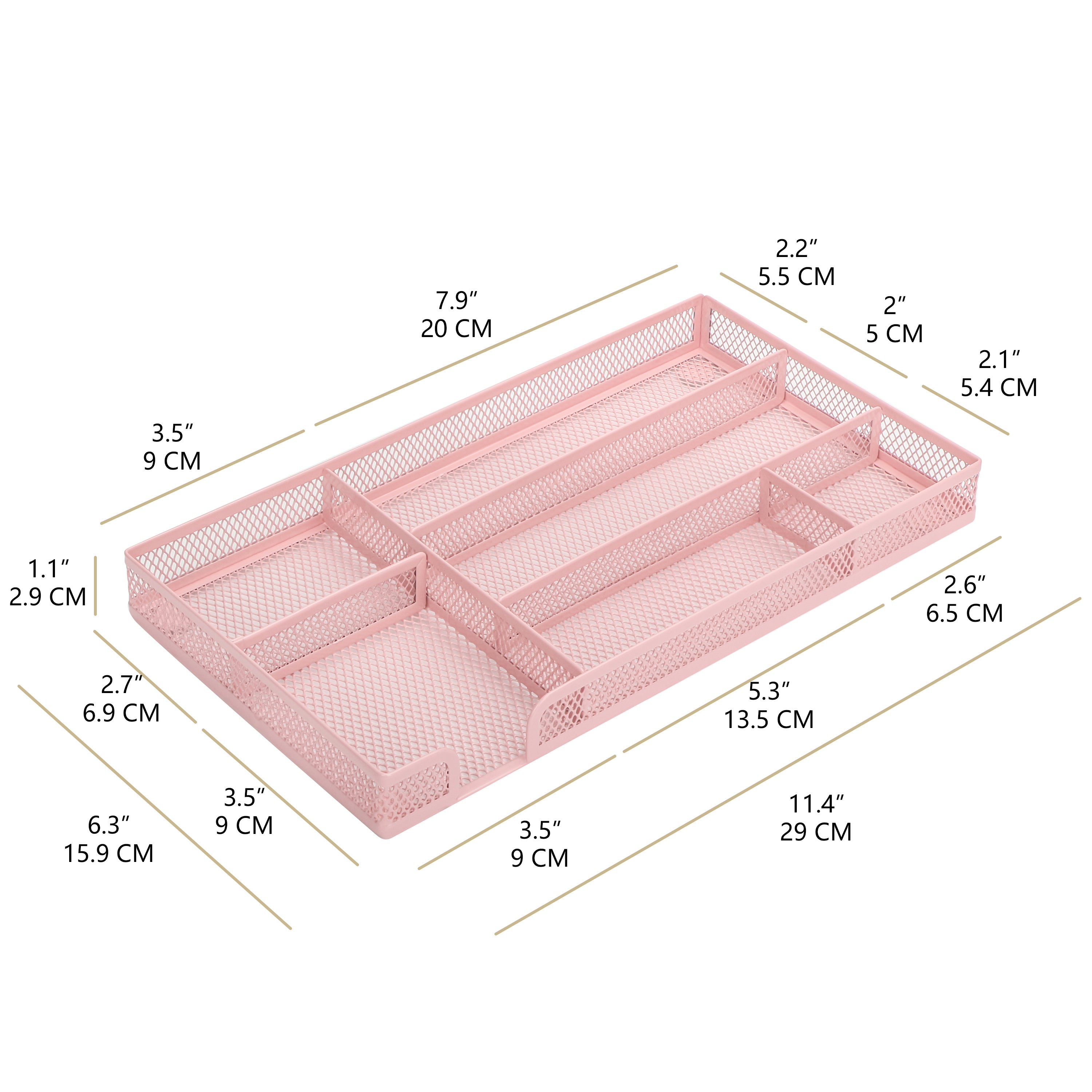 EXERZ Mesh Organiser Tray – Metal Desk Drawer Insert with 9 Compartments (Light Pink)