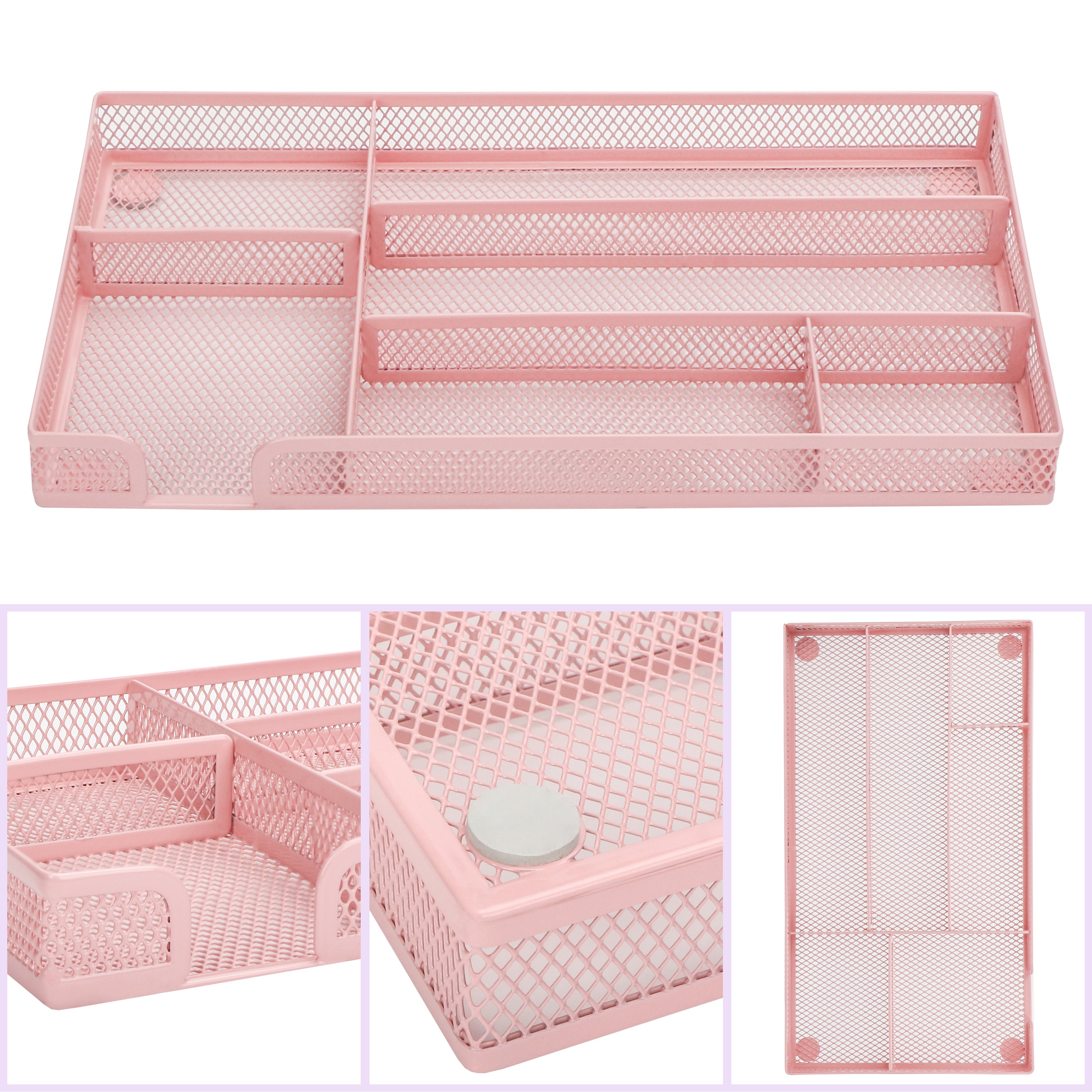 EXERZ Mesh Organiser Tray – Metal Desk Drawer Insert with 9 Compartments (Light Pink)