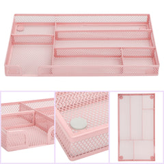 EXERZ Mesh Organiser Tray – Metal Desk Drawer Insert with 9 Compartments (Light Pink)