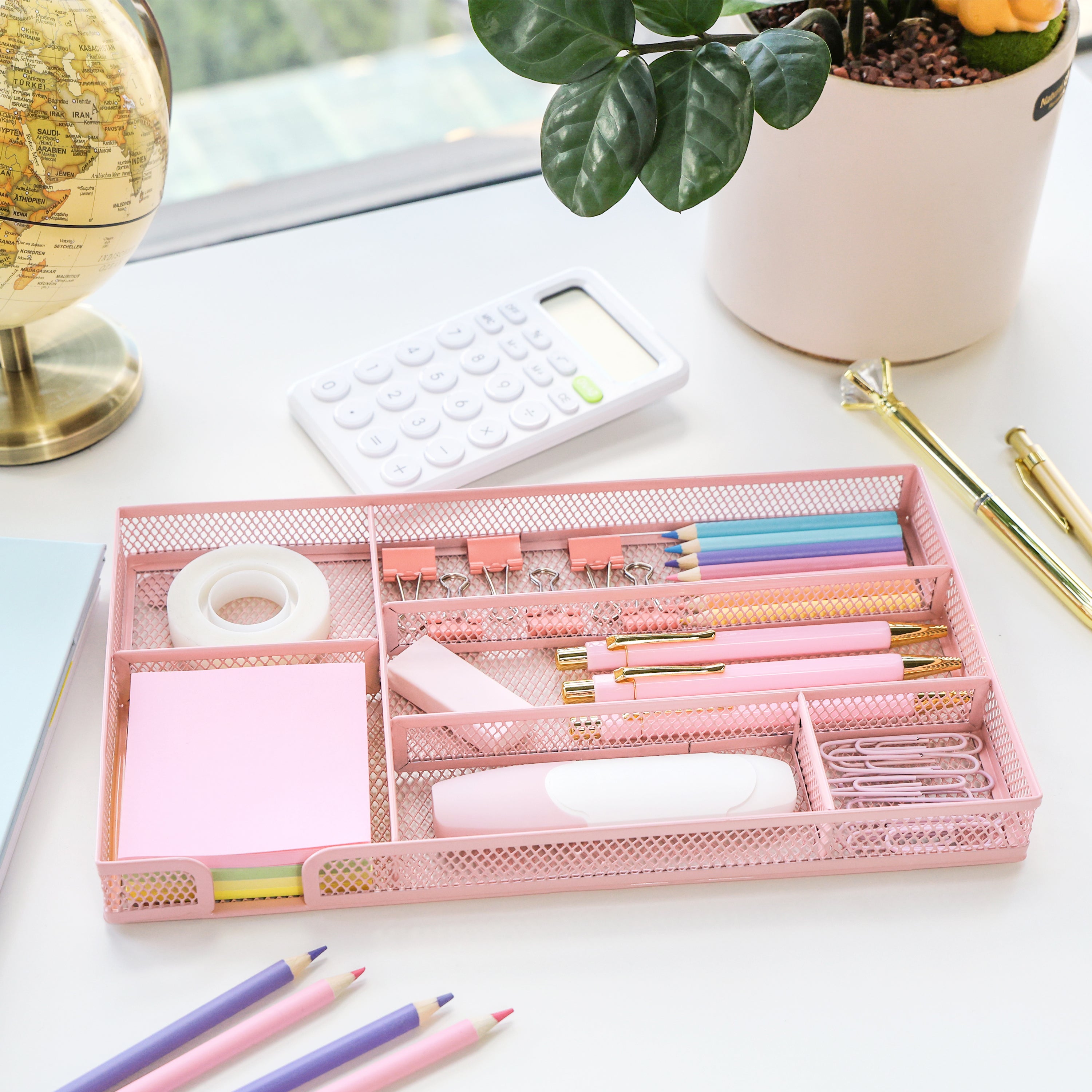 EXERZ Mesh Organiser Tray – Metal Desk Drawer Insert with 9 Compartments (Light Pink)