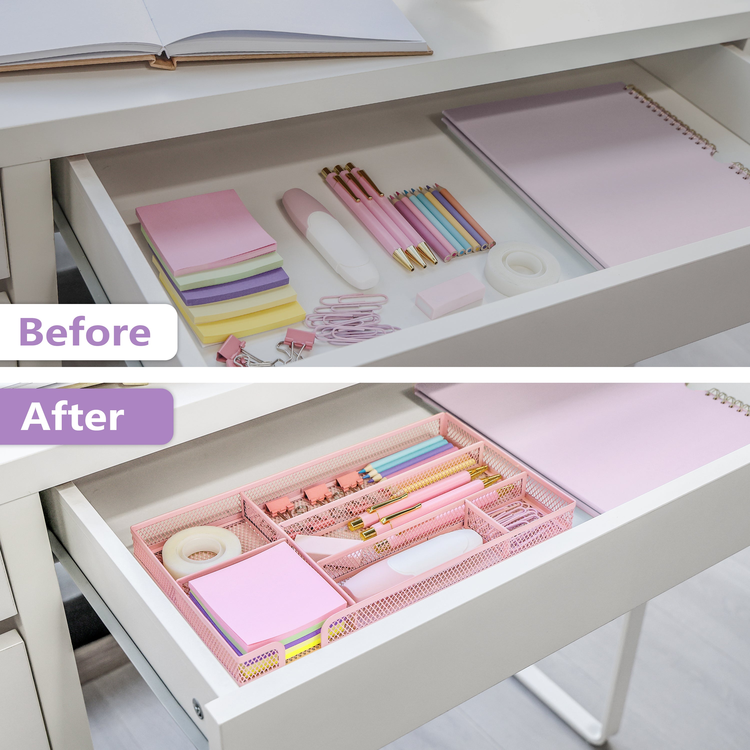 EXERZ Mesh Organiser Tray – Metal Desk Drawer Insert with 9 Compartments (Light Pink)