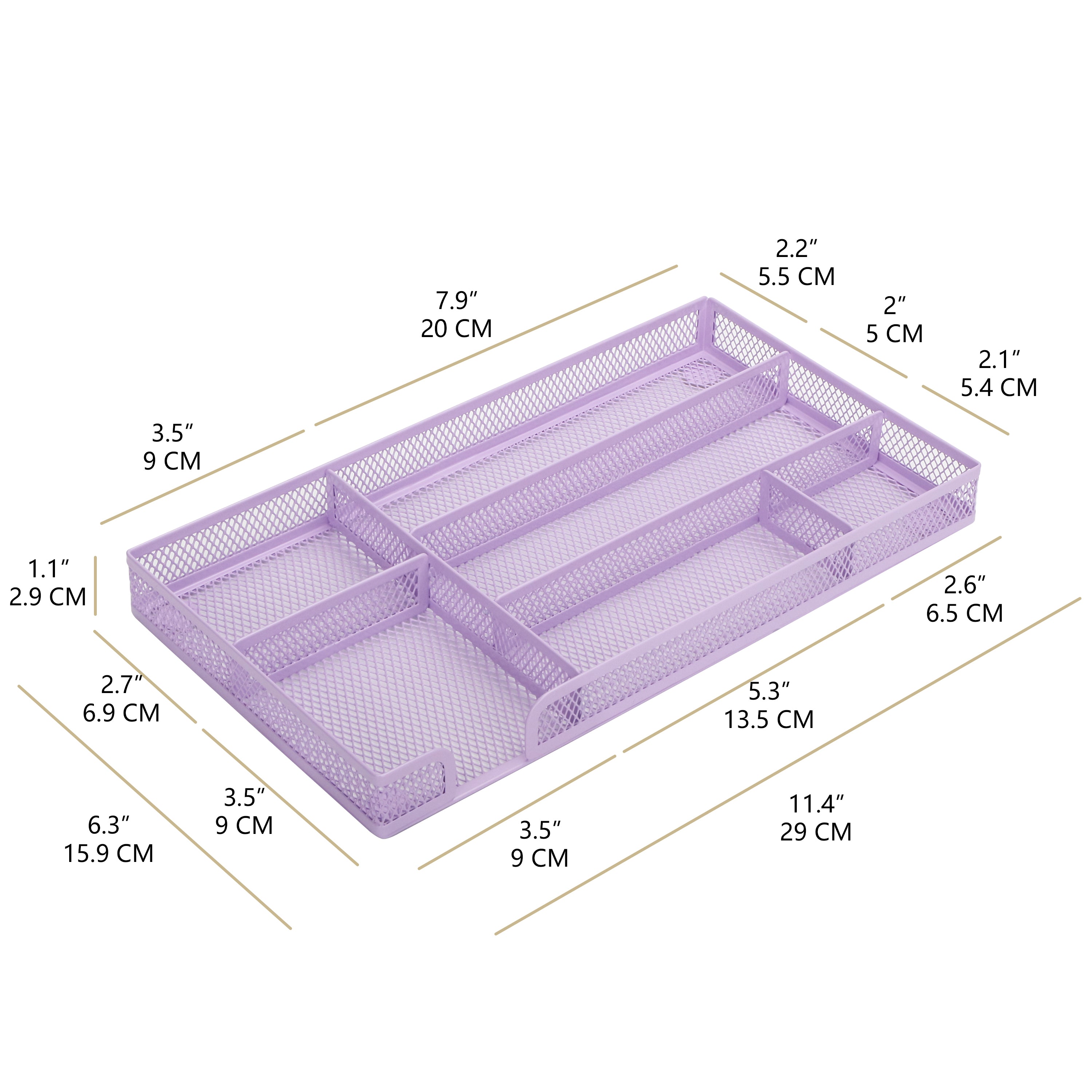 EXERZ Mesh Organiser Tray – Metal Desk Drawer Insert with 9 Compartments (Light Purple)