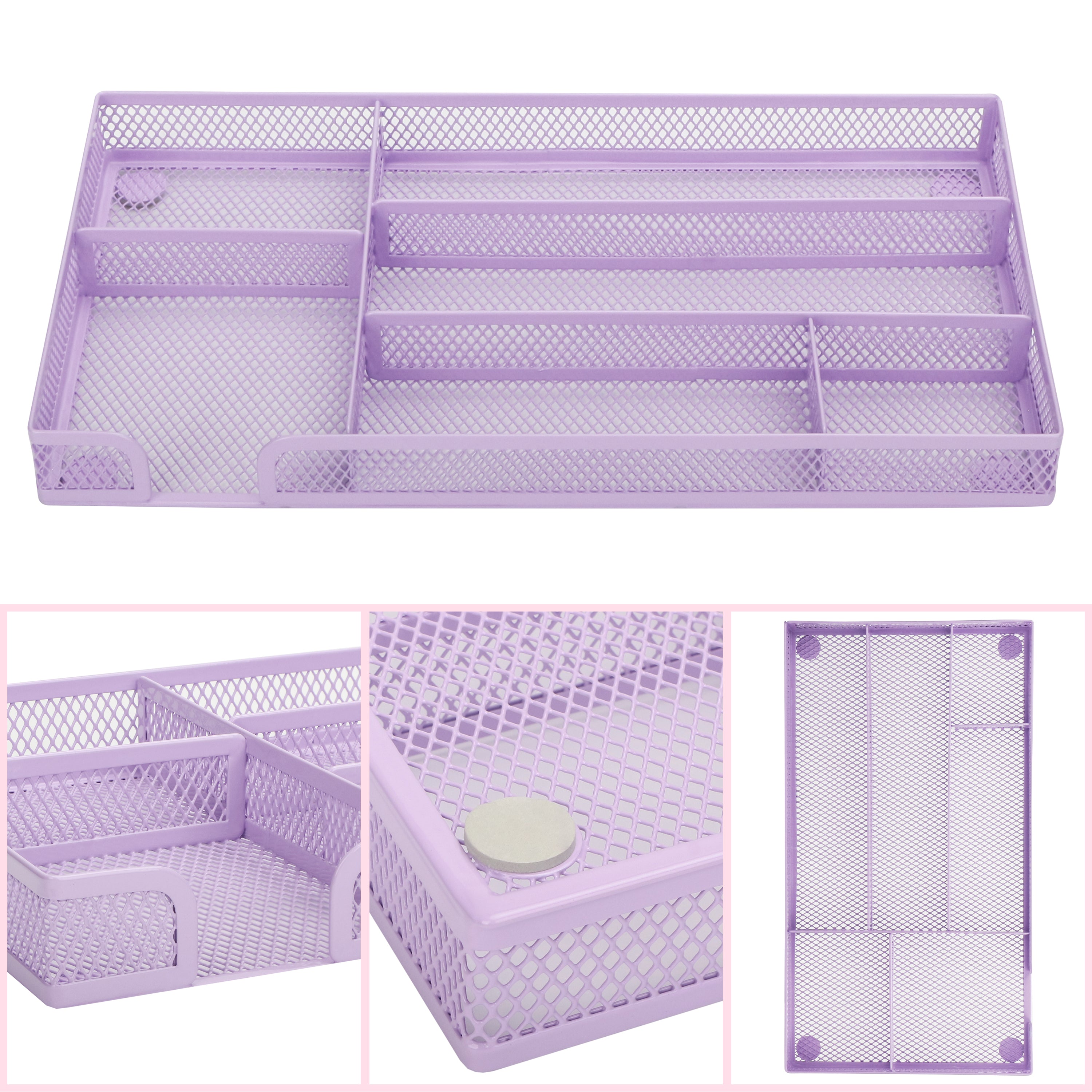 EXERZ Mesh Organiser Tray – Metal Desk Drawer Insert with 9 Compartments (Light Purple)