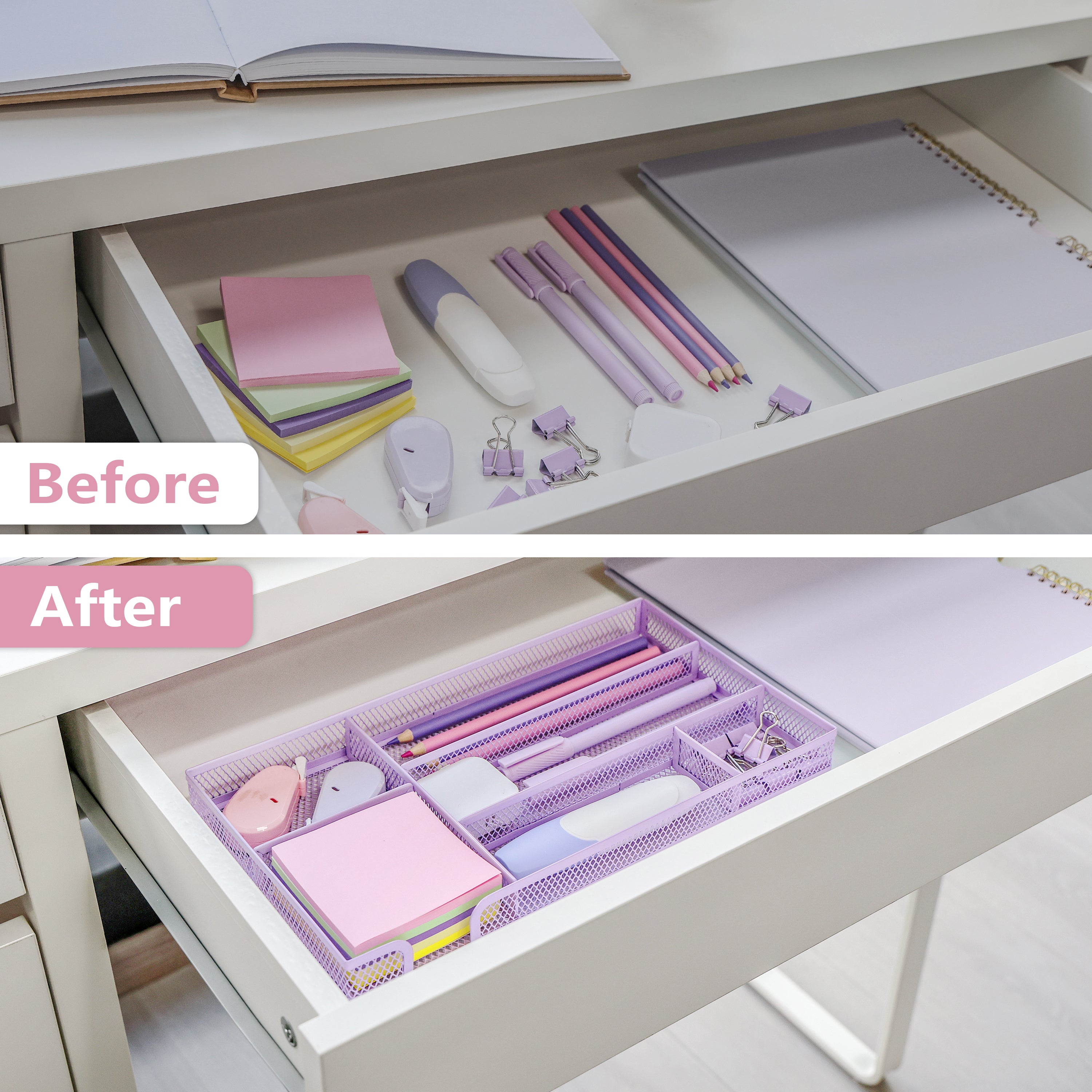 EXERZ Mesh Organiser Tray – Metal Desk Drawer Insert with 9 Compartments (Light Purple)