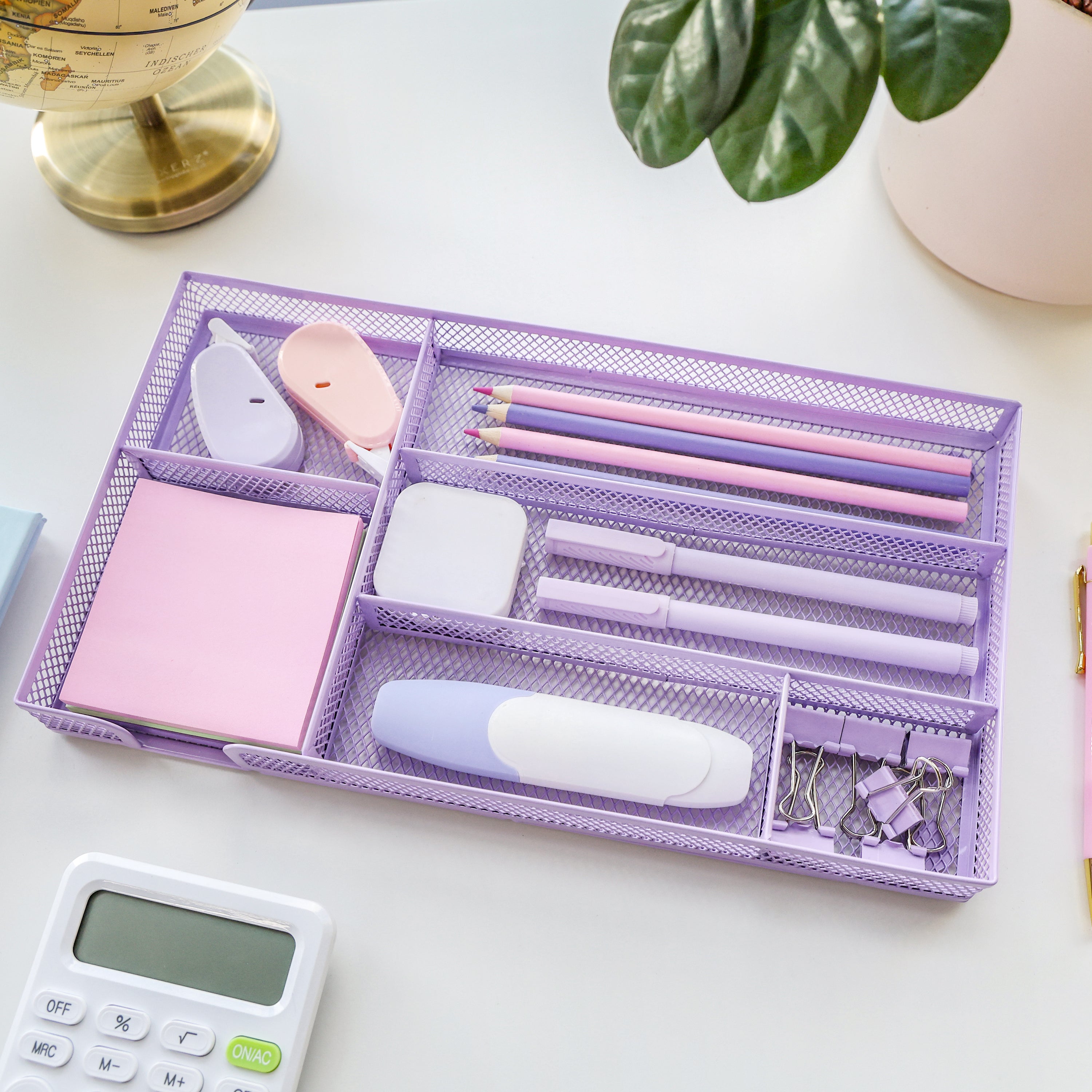 EXERZ Mesh Organiser Tray – Metal Desk Drawer Insert with 9 Compartments (Light Purple)