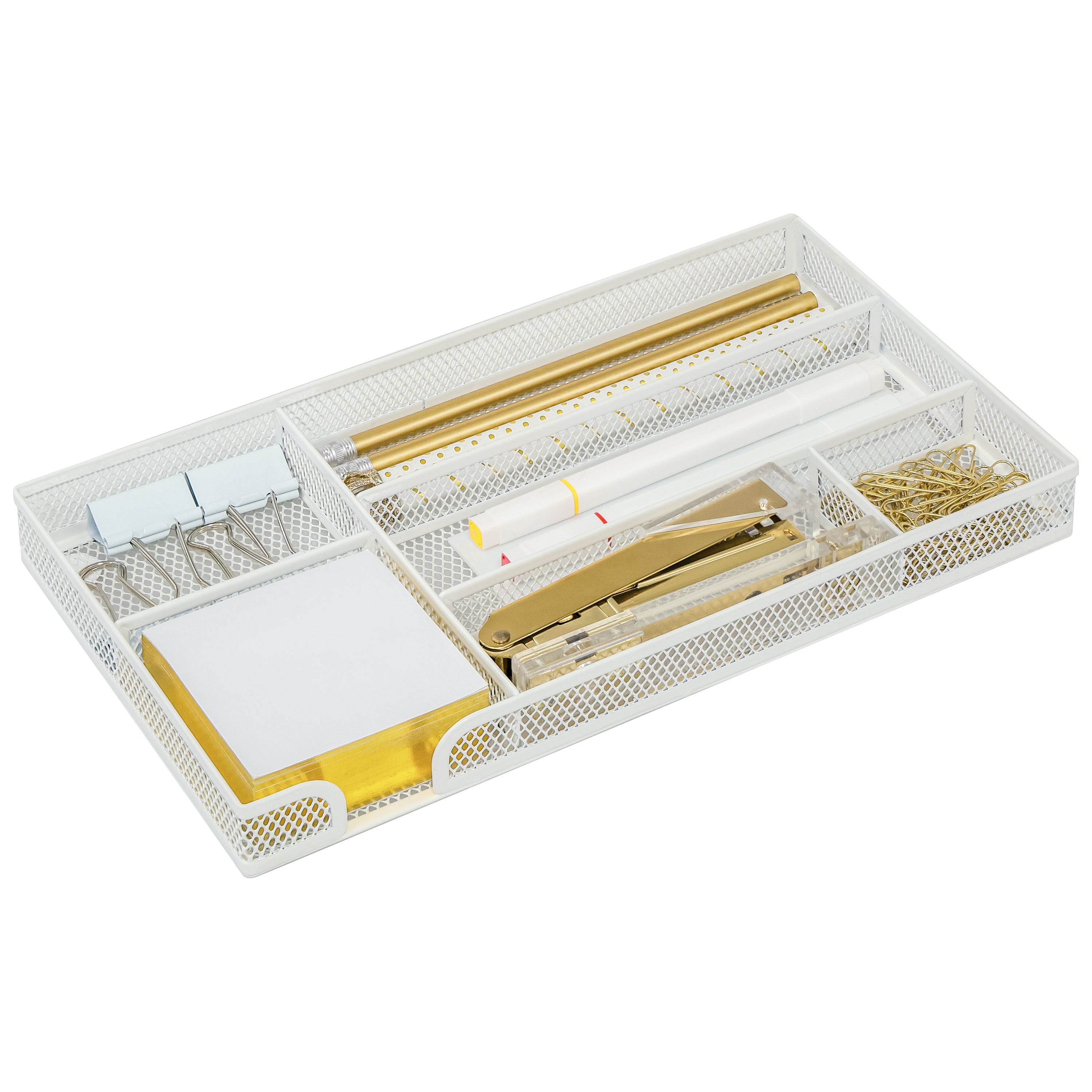EXERZ Mesh Organiser Tray – Metal Desk Drawer Insert with 9 Compartments (White)