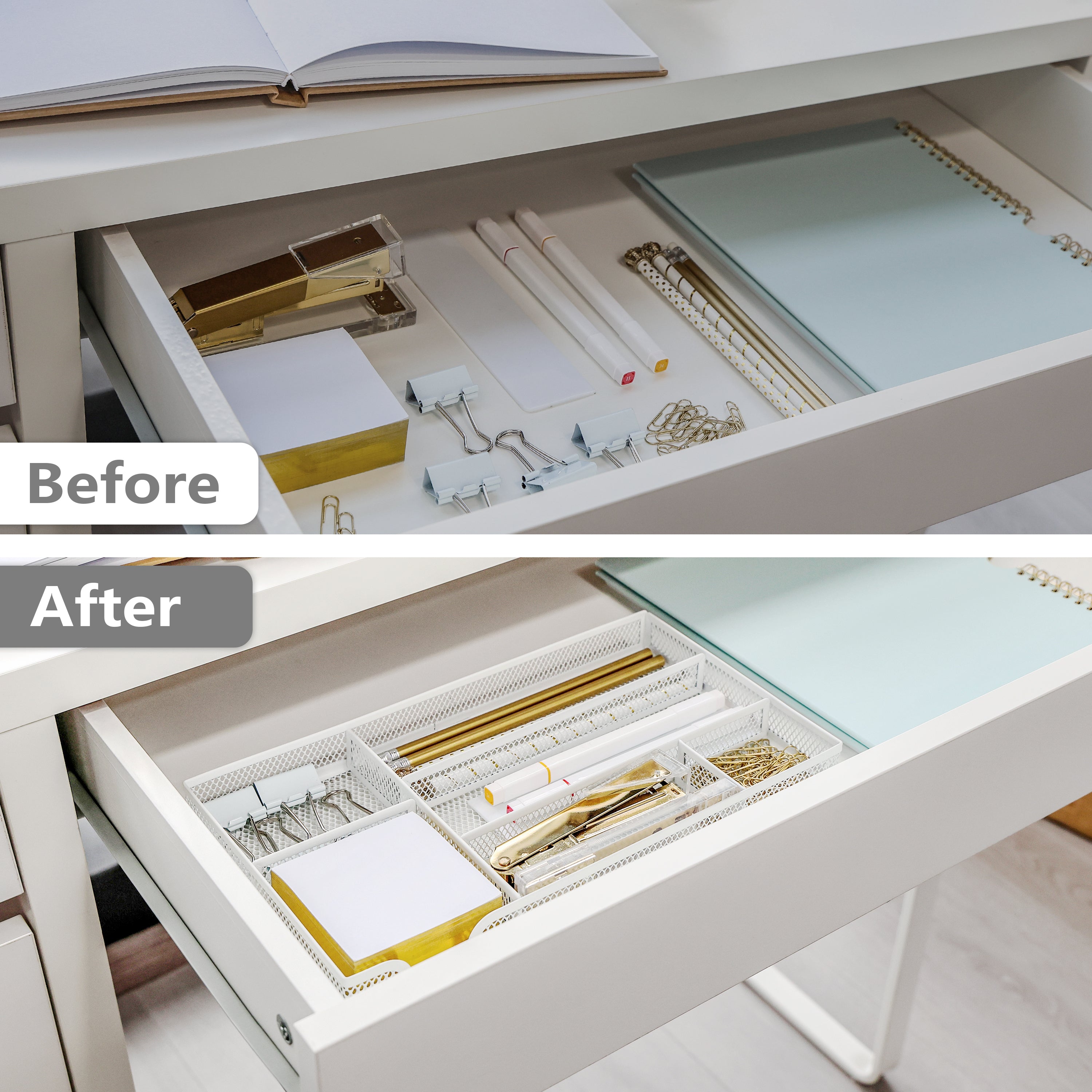 EXERZ Mesh Organiser Tray – Metal Desk Drawer Insert with 9 Compartments (White)