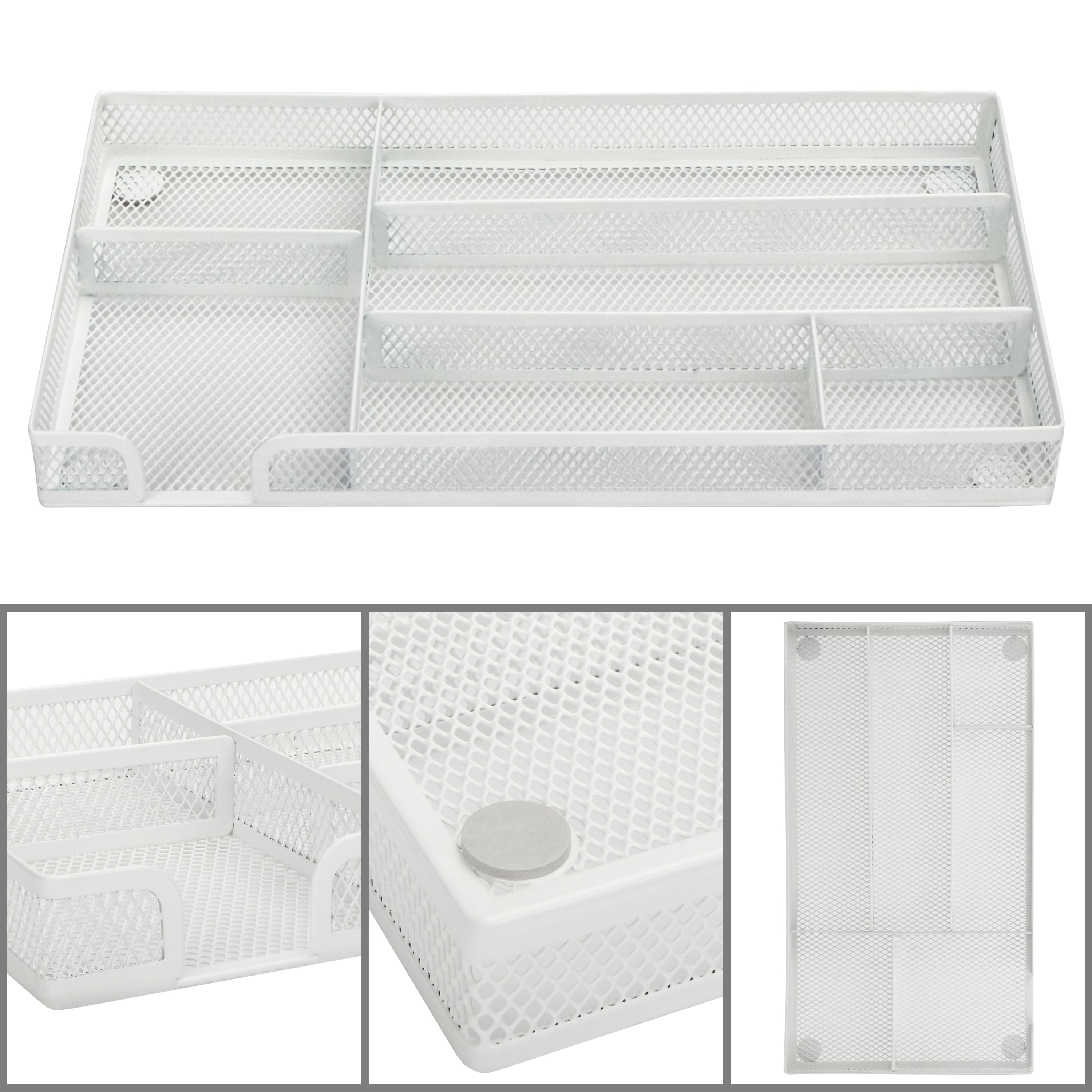 EXERZ Mesh Organiser Tray – Metal Desk Drawer Insert with 9 Compartments (White)