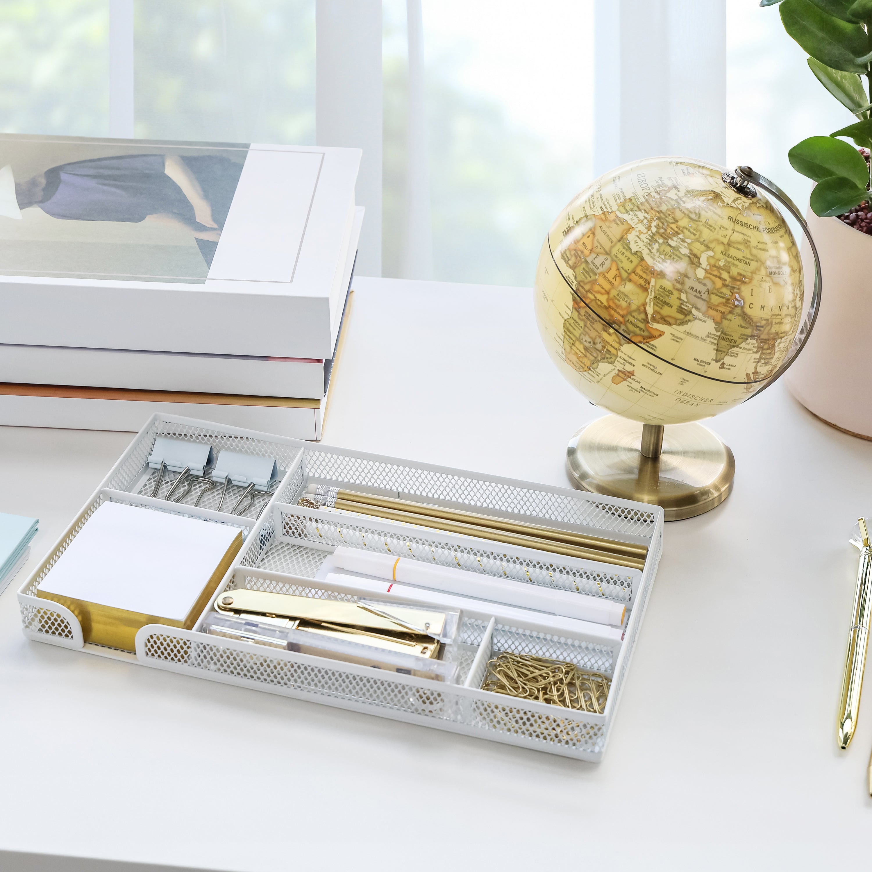 EXERZ Mesh Organiser Tray – Metal Desk Drawer Insert with 9 Compartments (White)