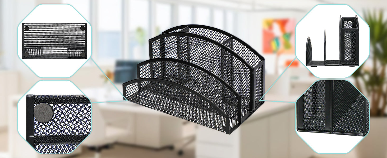 EXERZ Mesh Desk Organiser – 3-Tier Letter Holder with 4 Compartments (Black)