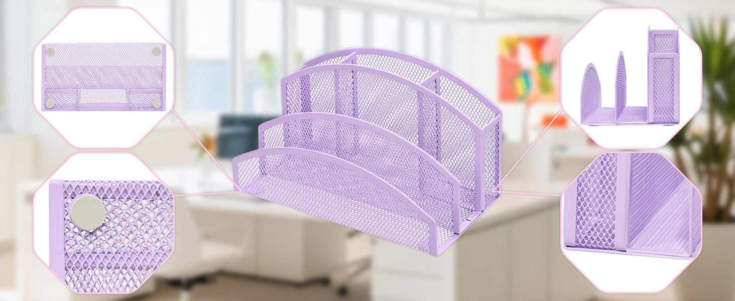 EXERZ Mesh Desk Organiser – 3-Tier Letter Holder with 4 Compartments (Light Purple)
