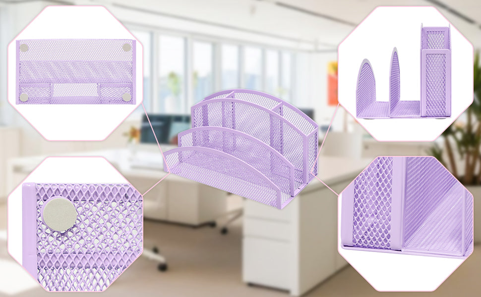 EXERZ Mesh Desk Organiser – 3-Tier Letter Holder with 4 Compartments (Light Purple)