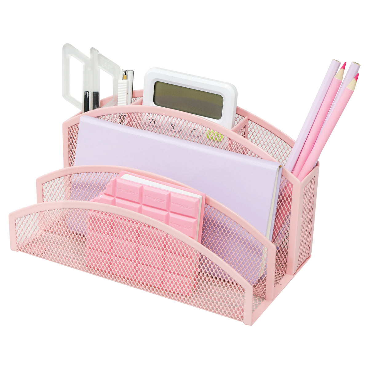 EXERZ Mesh Desk Organiser – 3-Tier Letter Holder with 4 Compartments(Light Pink)