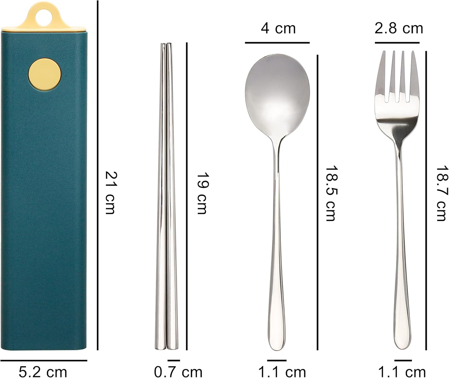 Exzact Cutlery Set with Case - 18/10 Stainless Steel Chopsticks, Spoon & Fork for Travel/Camping
