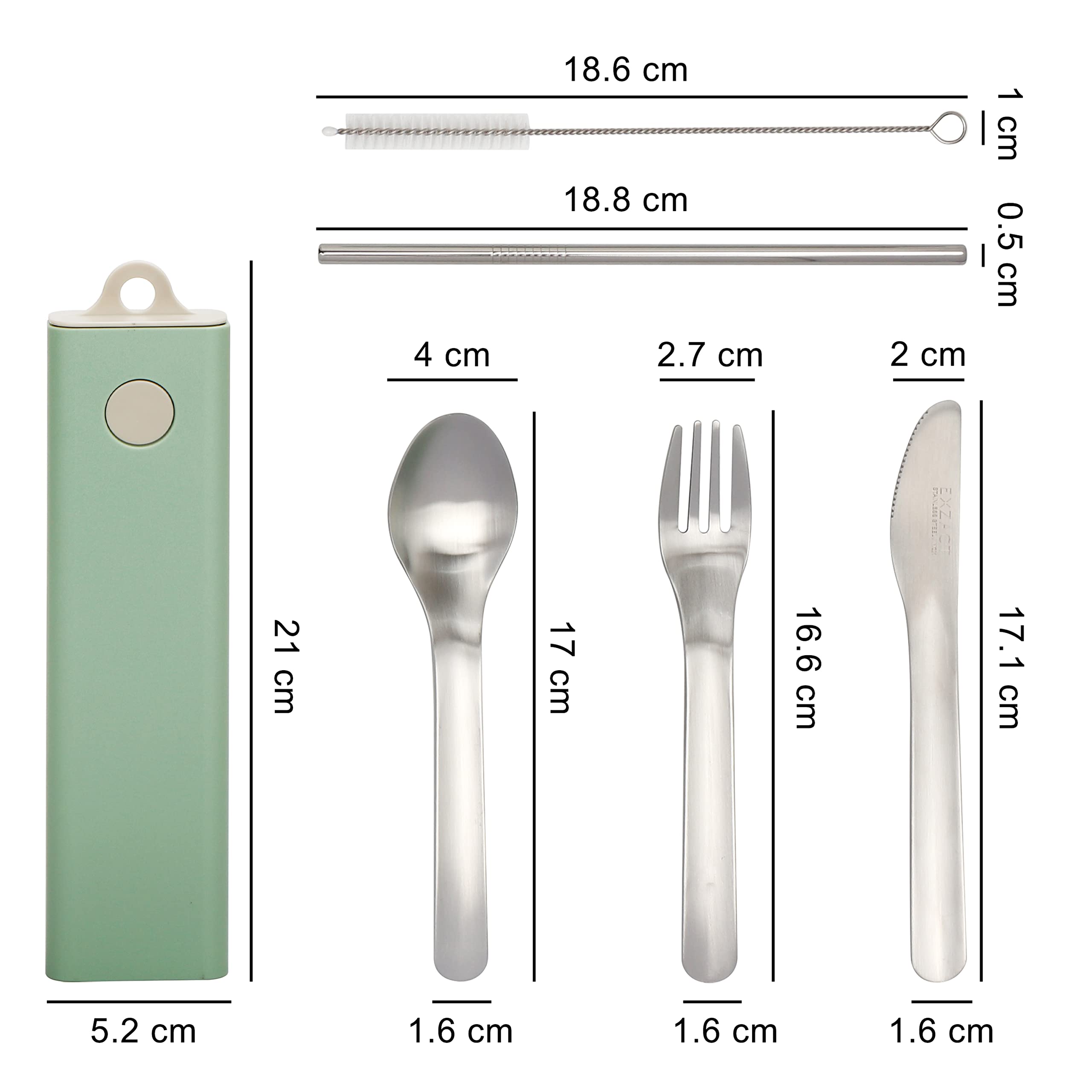 Exzact Cutlery 5pcs - Spoon Fork Knife Straw Cleaning-Brush in a Carry Case