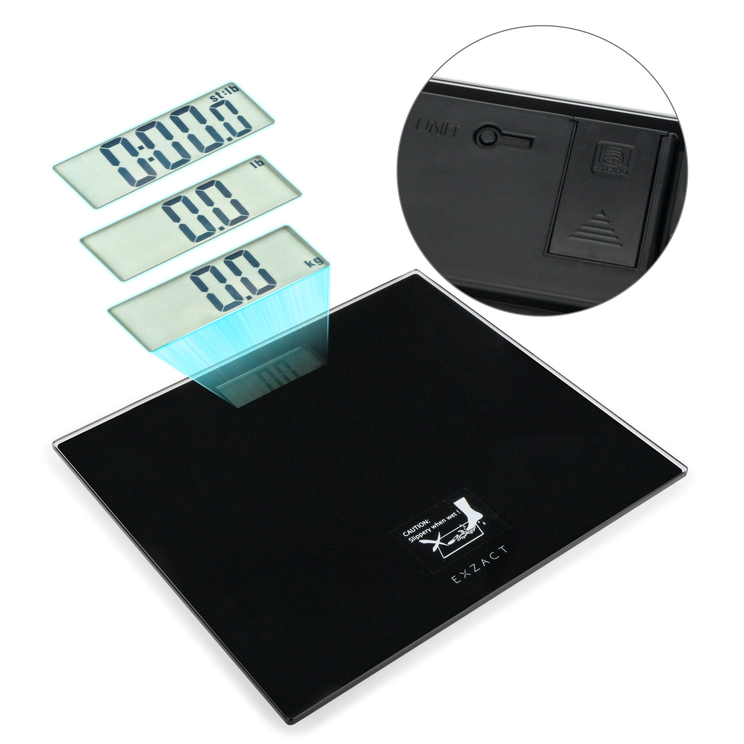 EXZACT Digital Bathroom Scale – 150kg/330lb, Metric & Imperial, Black Glass