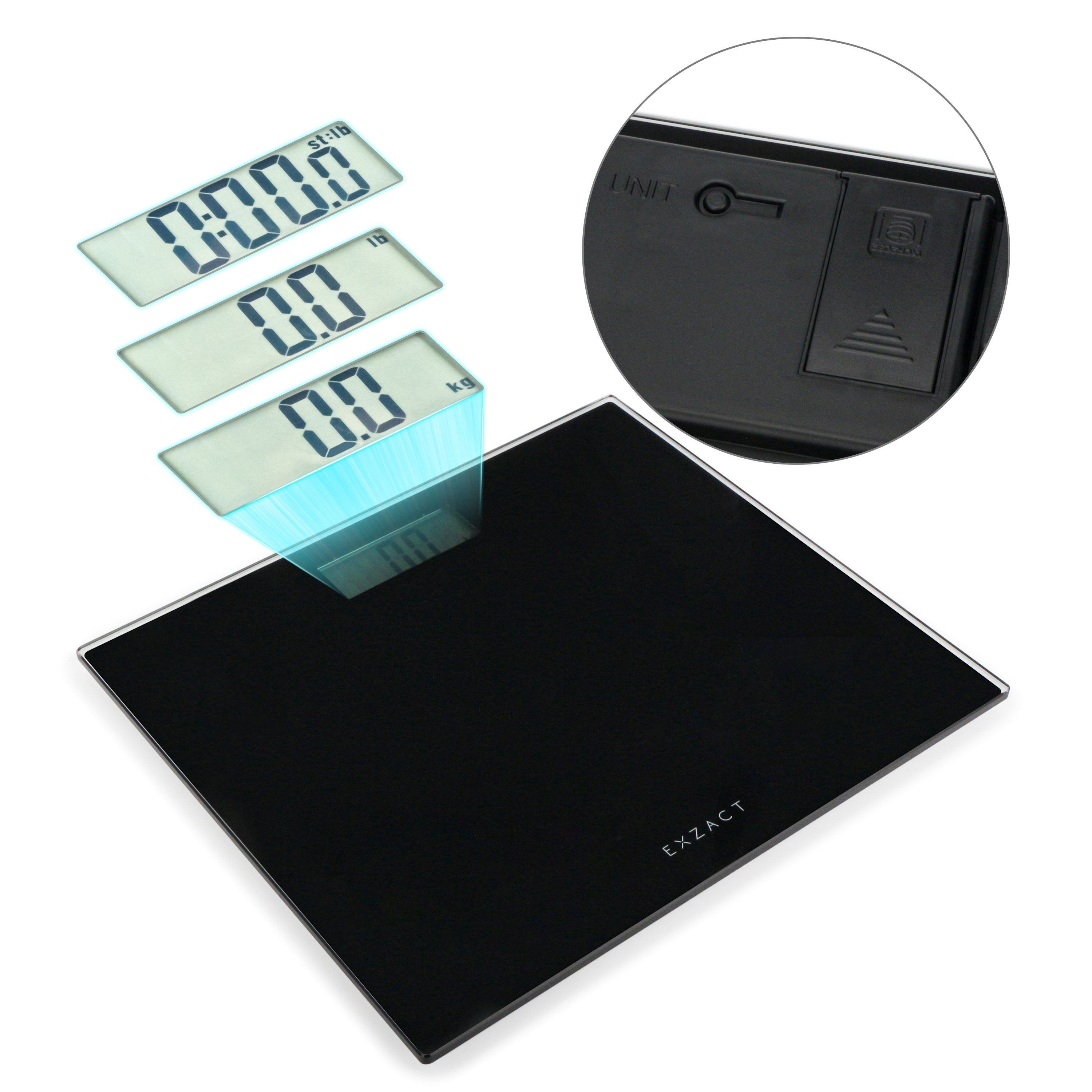 EXZACT Digital Bathroom Scale – 150kg/330lb, Metric & Imperial, Black Glass