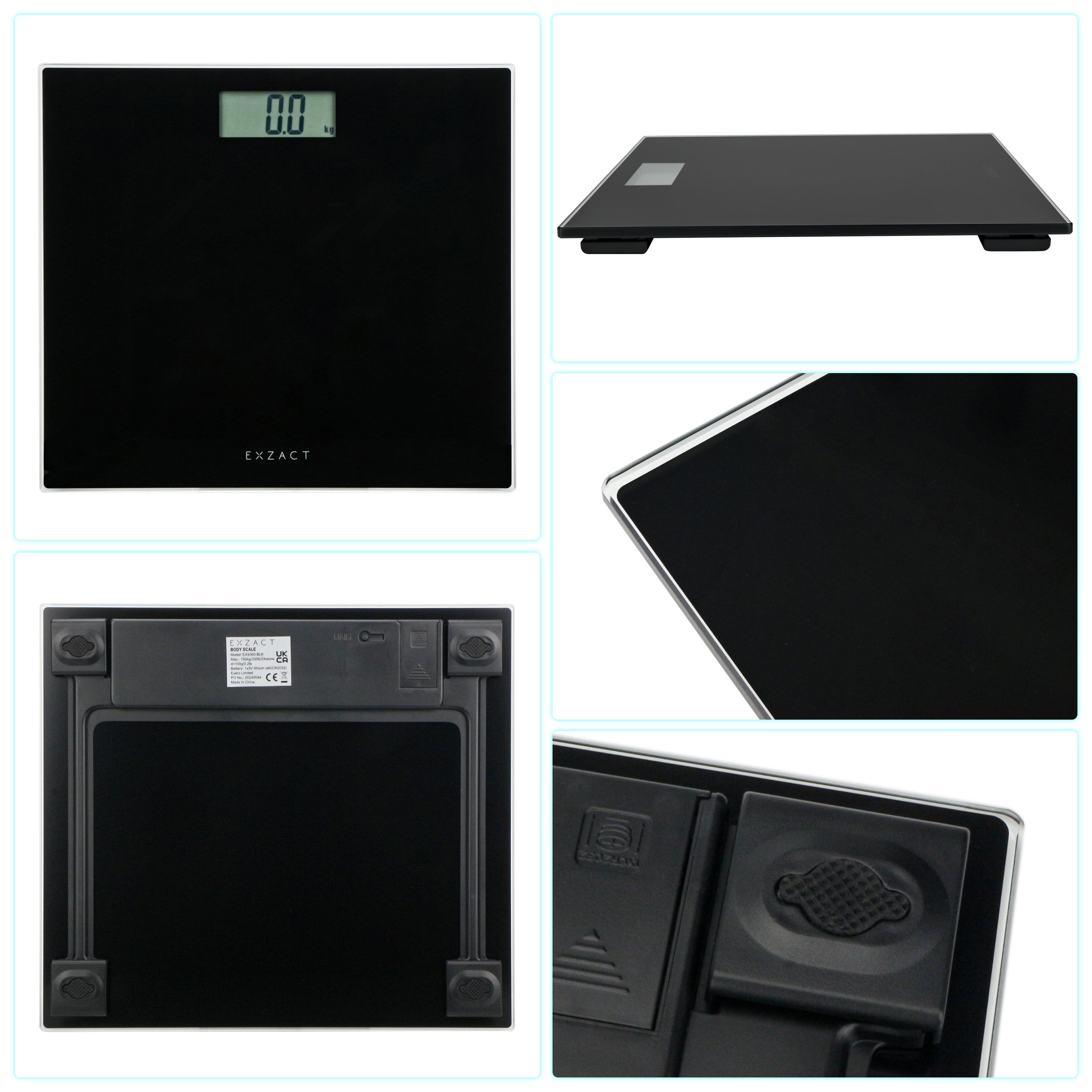 EXZACT Digital Bathroom Scale – 150kg/330lb, Metric & Imperial, Black Glass